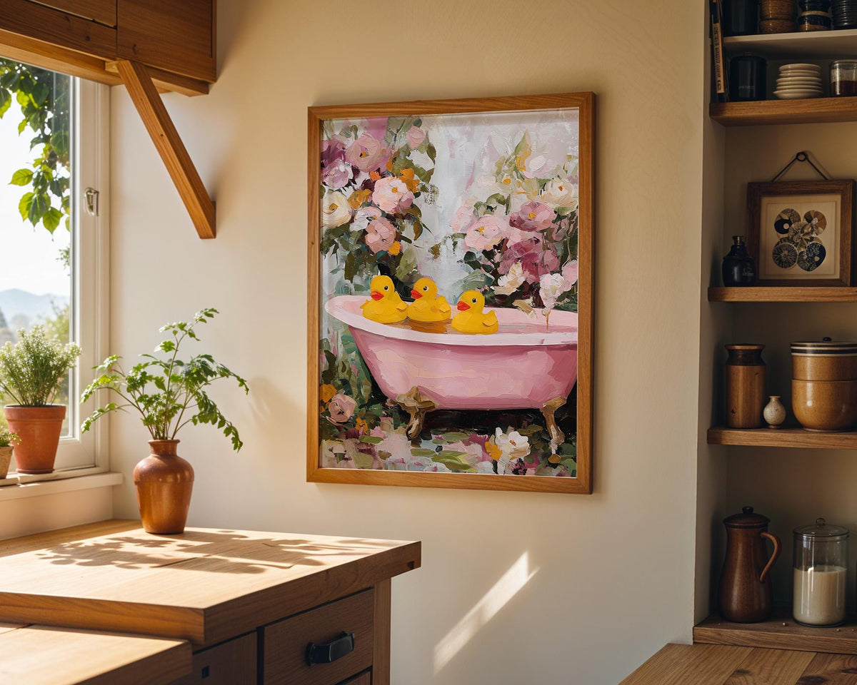 Pink Duck Bathroom Floral Bathtub Cute Rubber Duck Wall Art