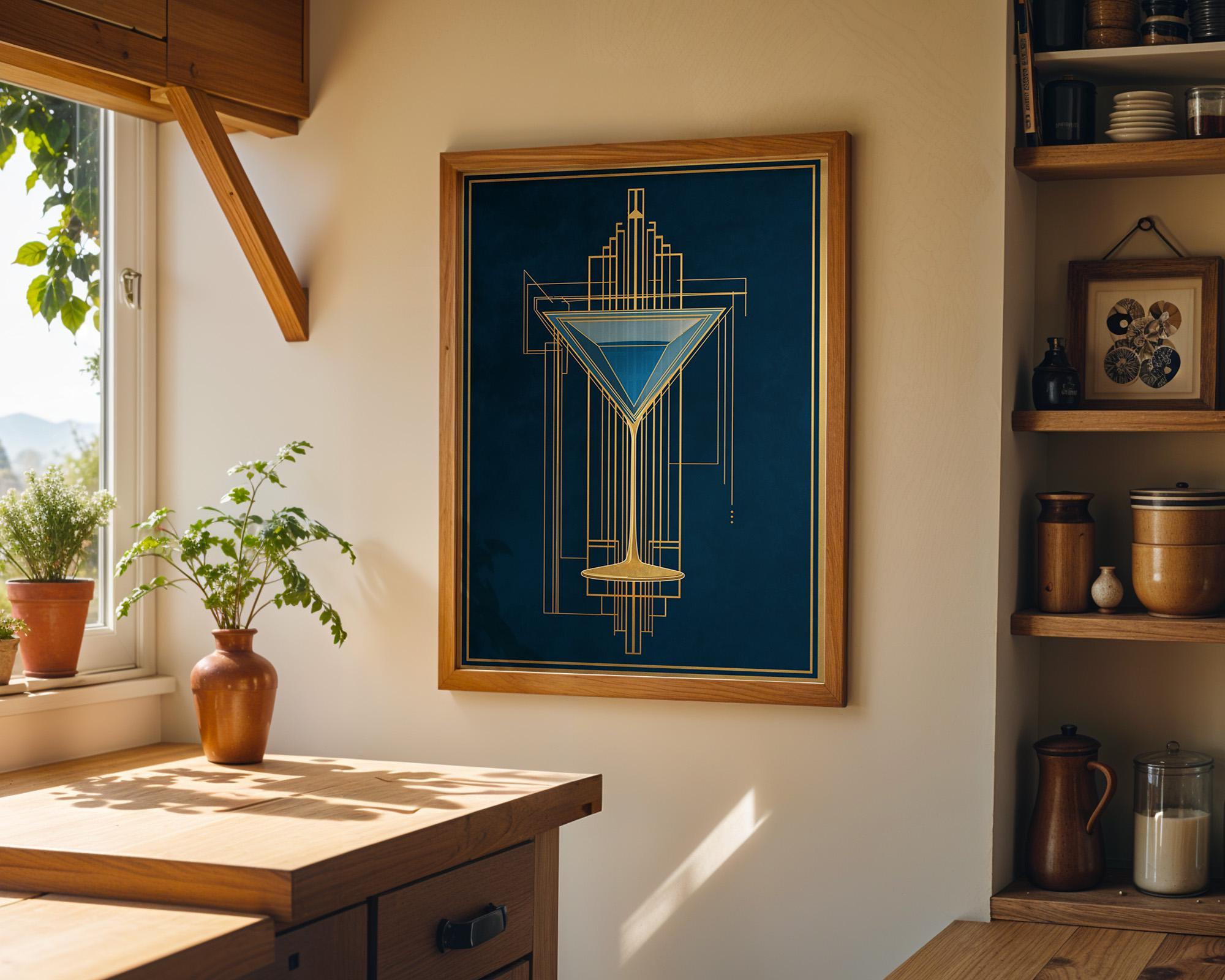 Art Deco Cocktail Wall Art Print, Minimalist Martini Illustration, Blue and Gold Bar Décor