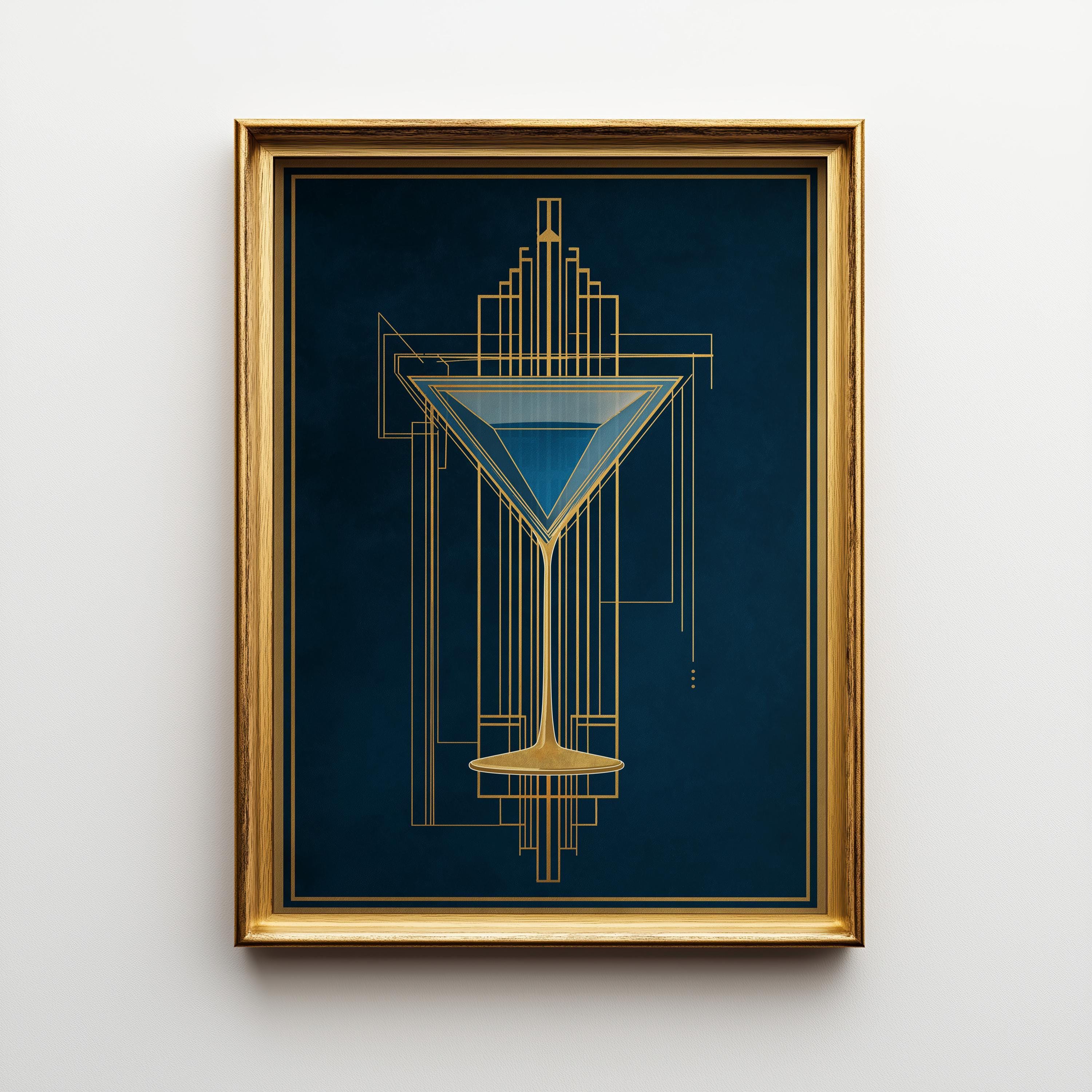 Art Deco Cocktail Wall Art Print, Minimalist Martini Illustration, Blue and Gold Bar Décor