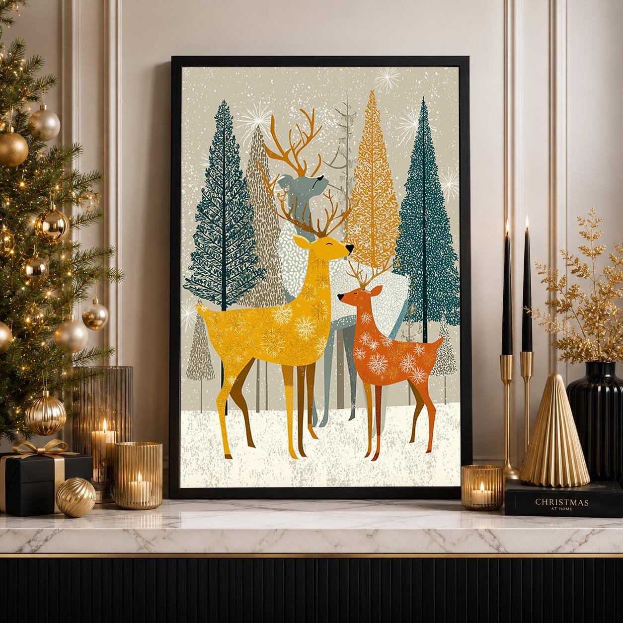 Scandinavian Christmas Reindeer Mid Century Winter Woodland Wall Art by The Wall Art Studio