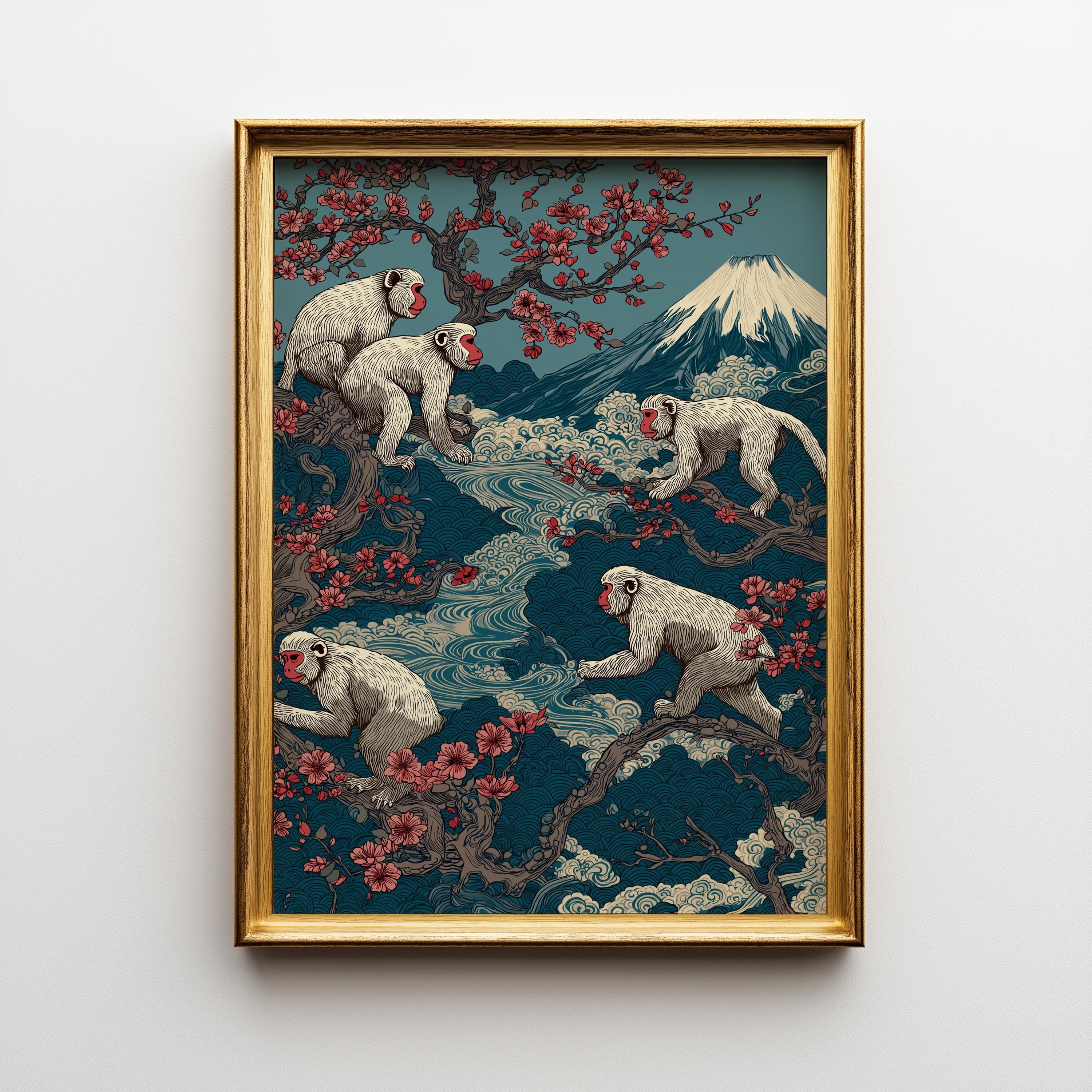 Japanese Monkey Mount Fuji Sakura Japandi Wall Art by The Wall Art Studio