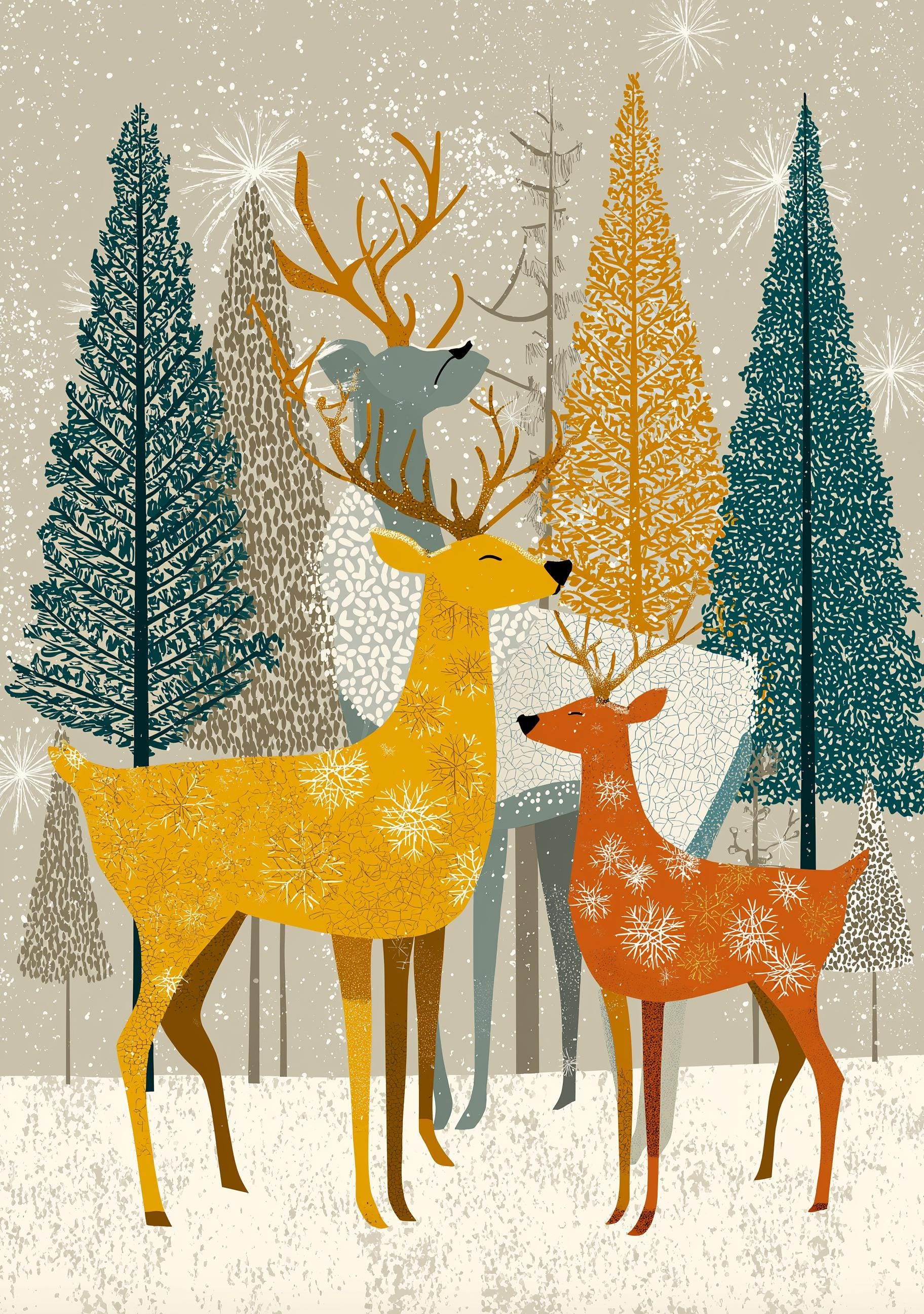 Scandinavian Christmas Reindeer Mid Century Winter Woodland Wall Art by The Wall Art Studio