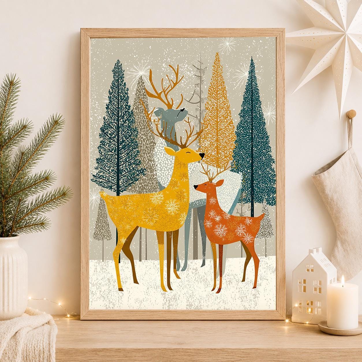 Scandinavian Christmas Reindeer Mid Century Winter Woodland Wall Art by The Wall Art Studio