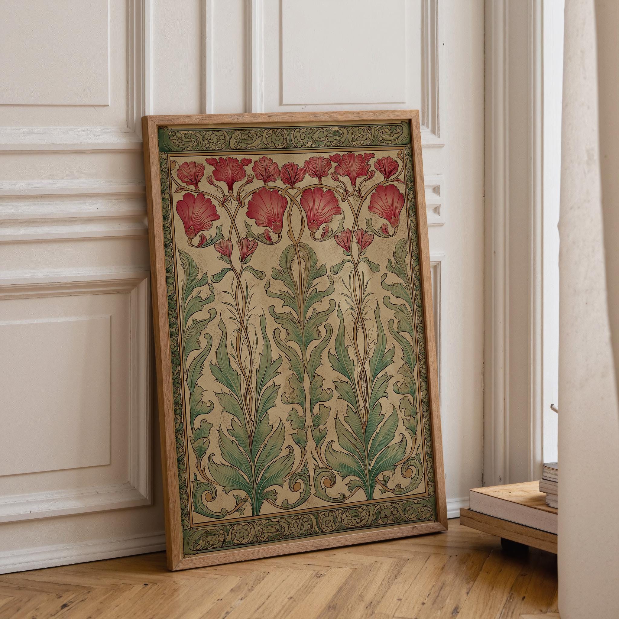 Art Nouveau Red Thistle Botanical William Morris Style Floral Wall Art