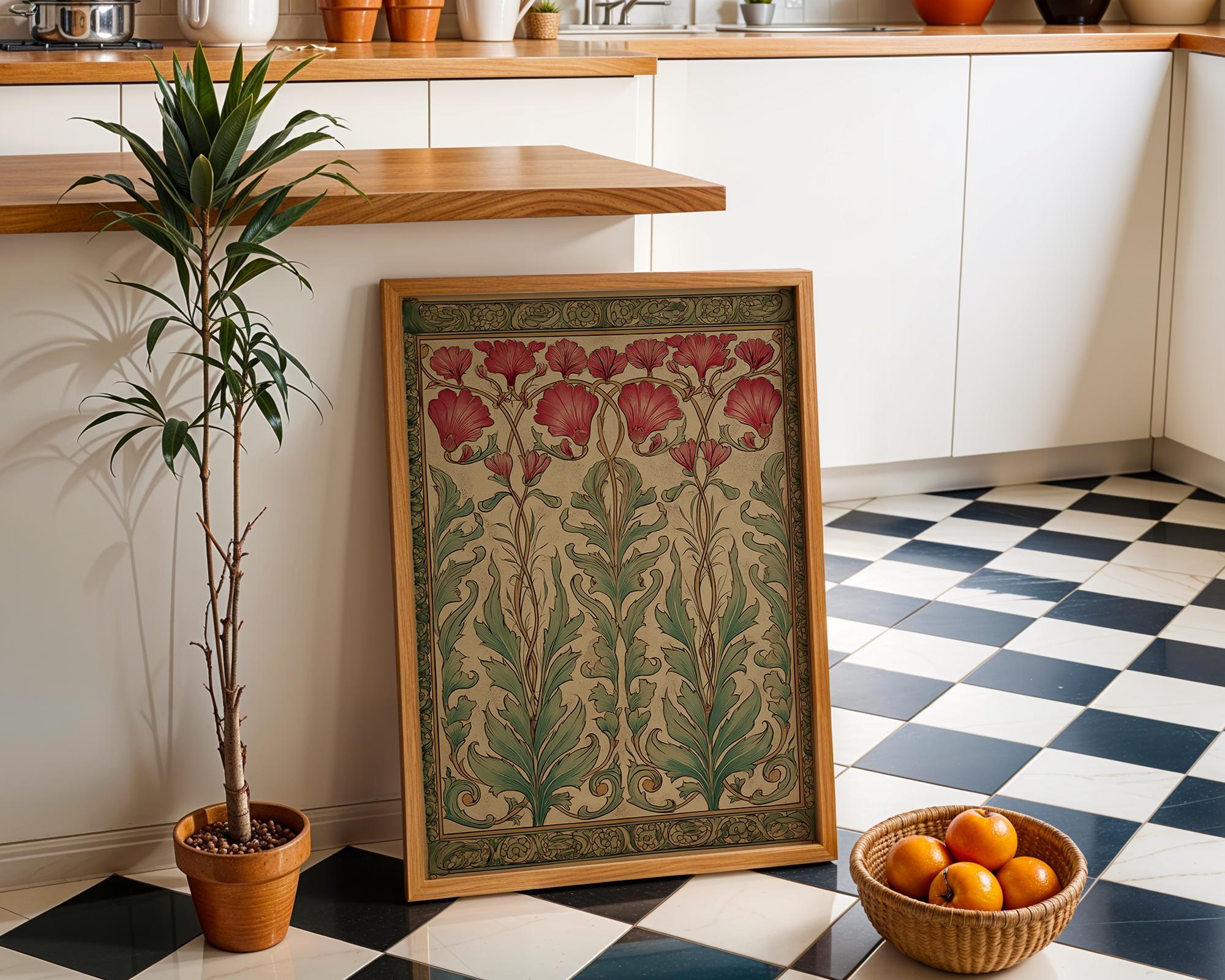 Art Nouveau Red Thistle Botanical William Morris Style Floral Wall Art