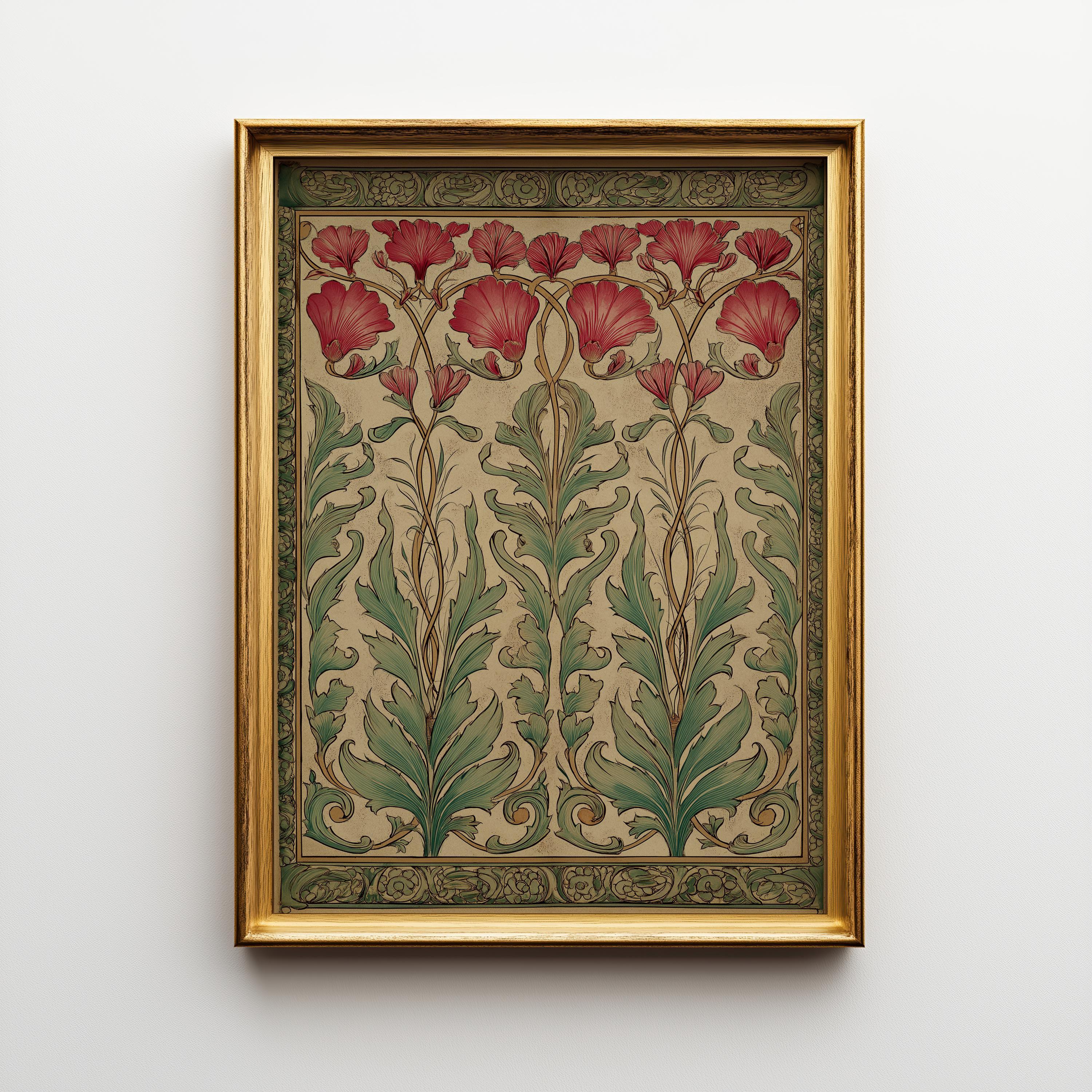 Art Nouveau Red Thistle Botanical William Morris Style Floral Wall Art