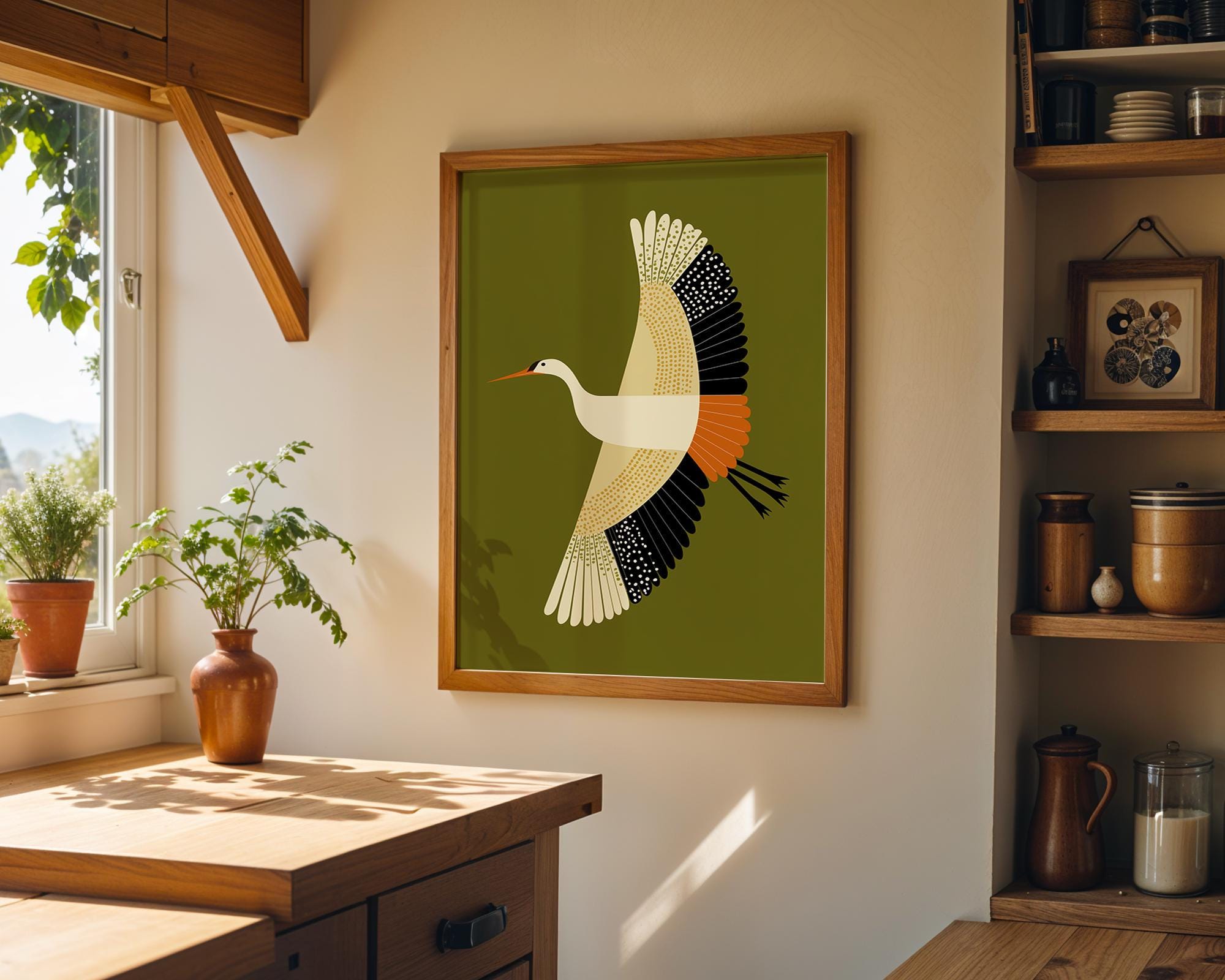 Mid Century Modern Crane Retro 1960s Olive Green Scandinavian Wall Art by The Wall Art Studio - physical