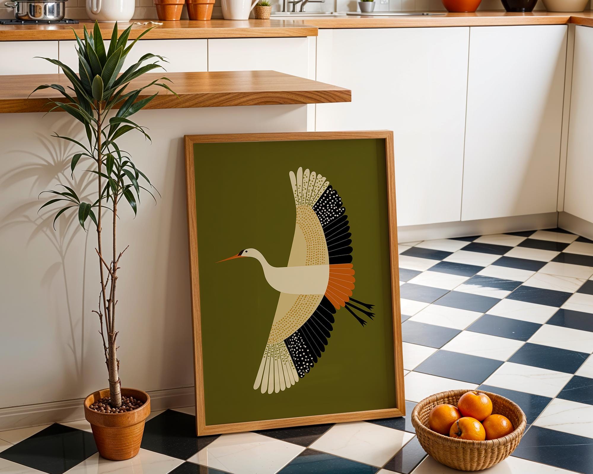 Mid Century Modern Crane Retro 1960s Olive Green Scandinavian Wall Art by The Wall Art Studio - physical