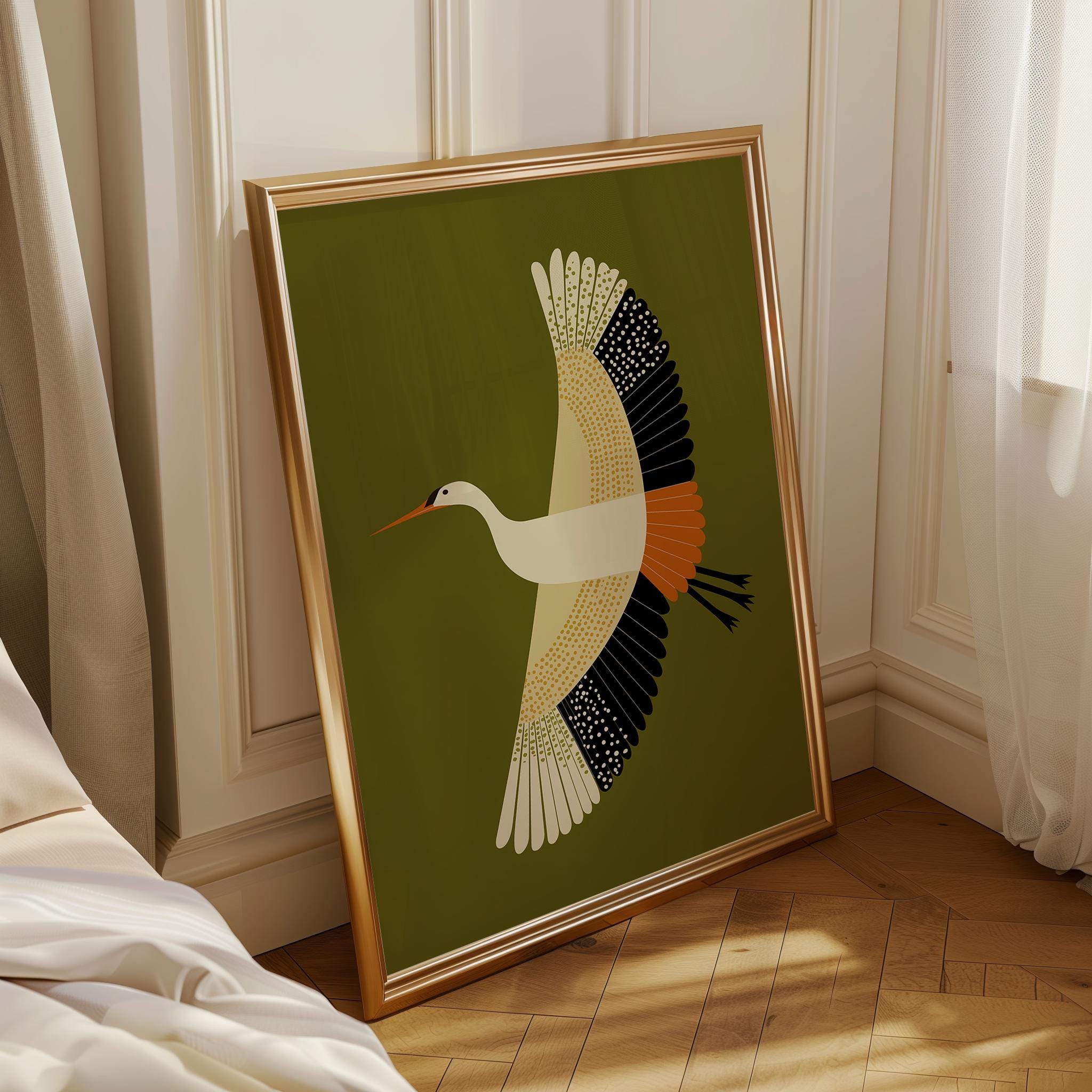 Mid Century Modern Crane Retro 1960s Olive Green Scandinavian Wall Art by The Wall Art Studio - physical