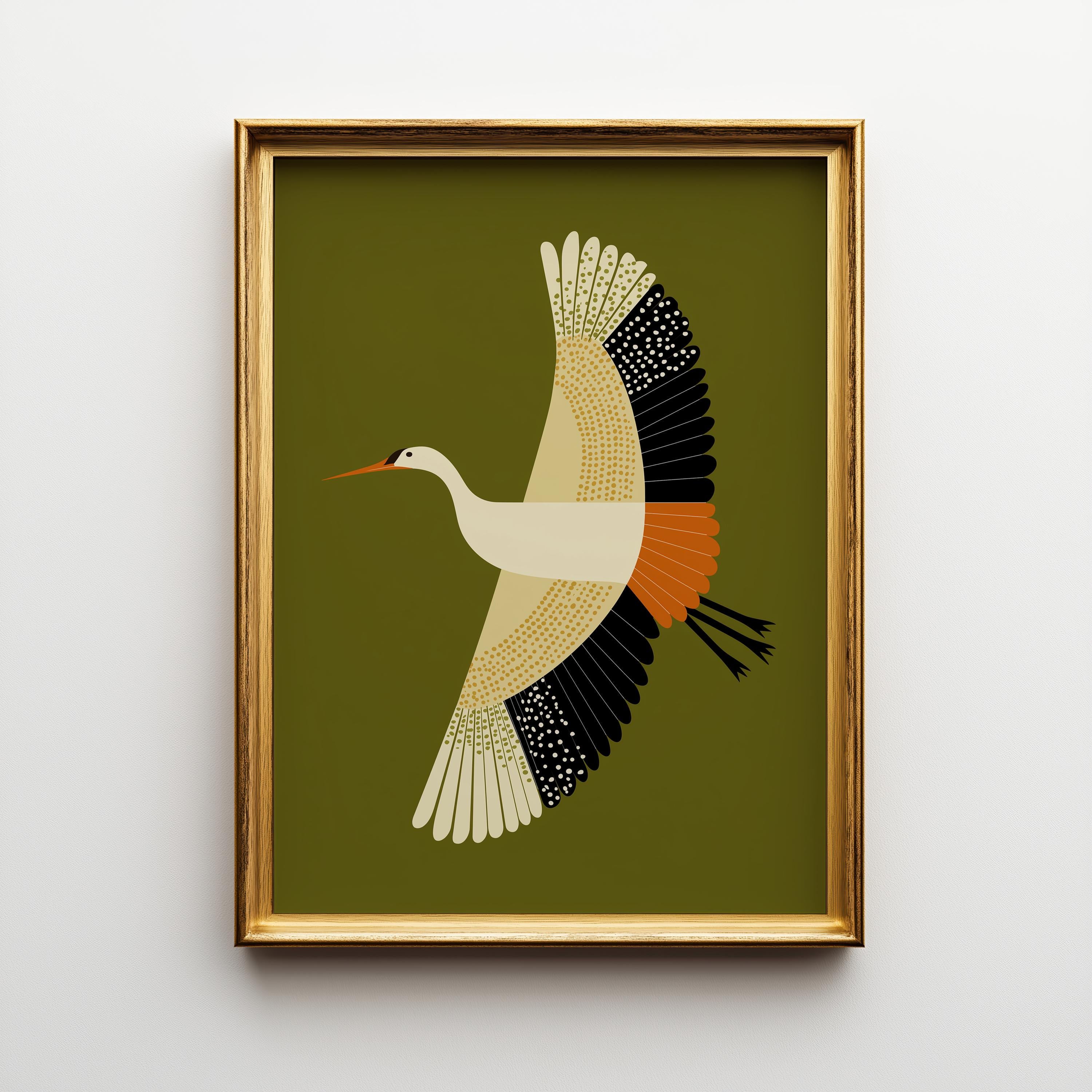 Mid Century Modern Crane Retro 1960s Olive Green Scandinavian Wall Art by The Wall Art Studio - physical