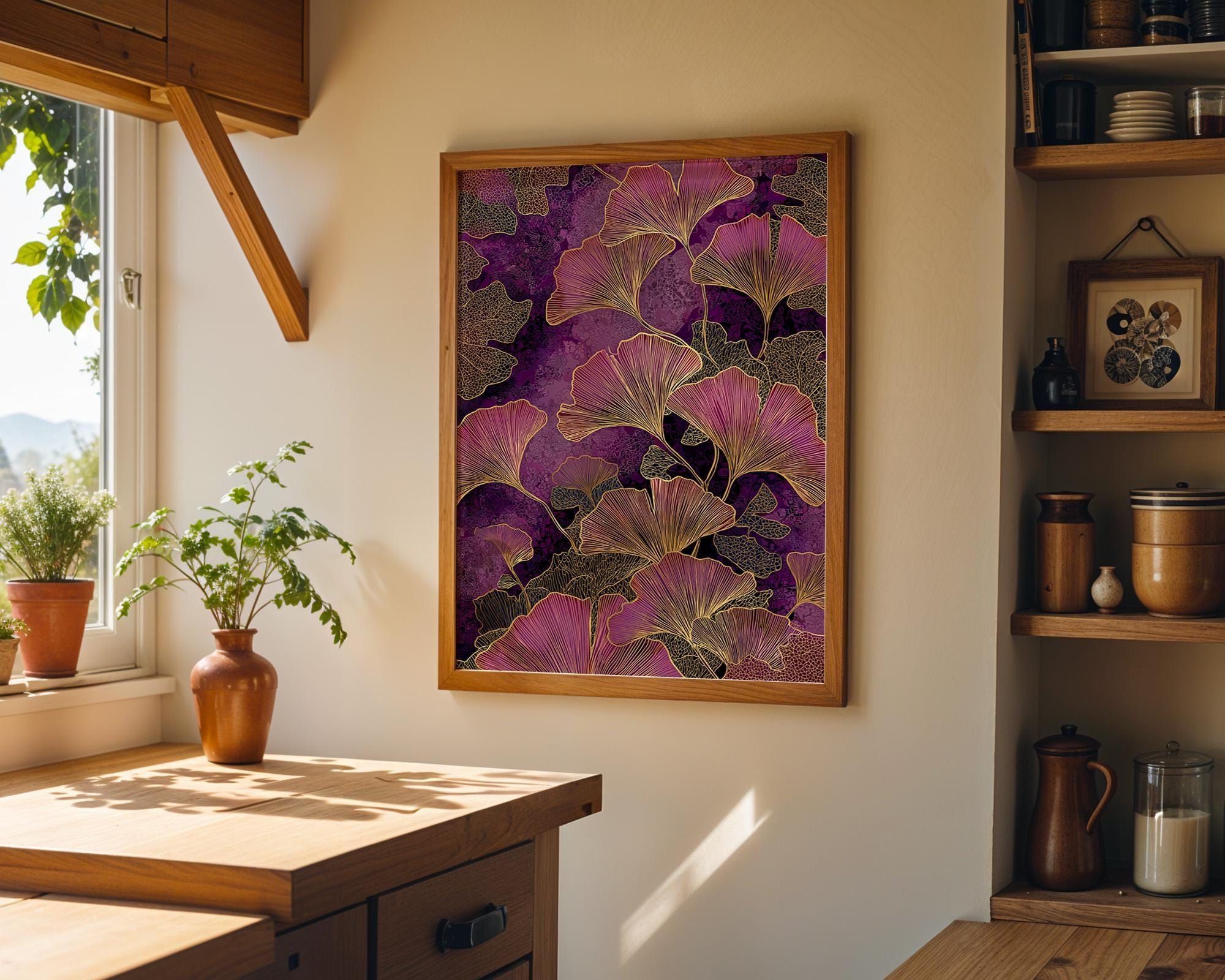 Purple Ginkgo Leaf Luxe Botanical Dark Maximalist Wall Art by The Wall Art Studio - physical