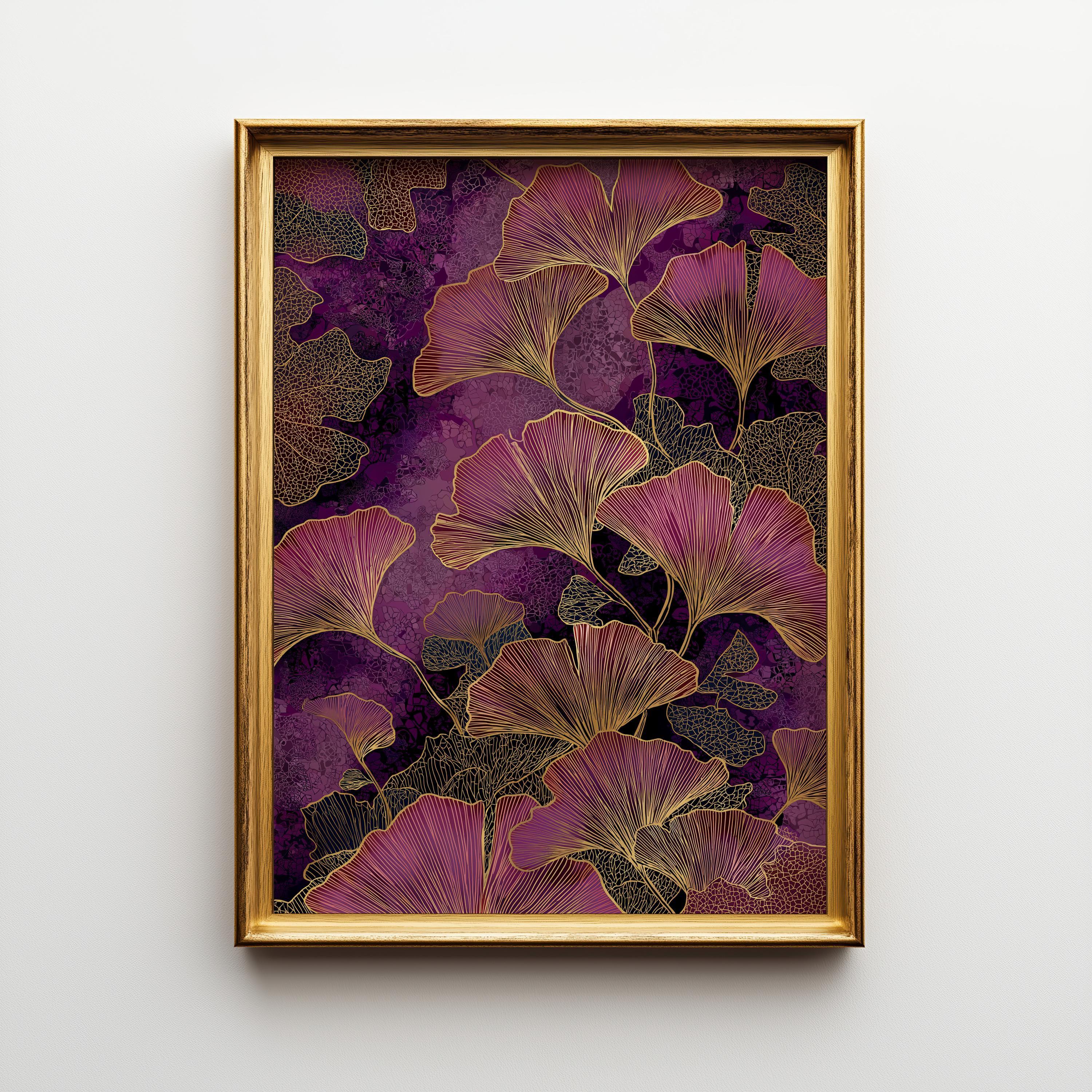 Purple Ginkgo Leaf Luxe Botanical Dark Maximalist Wall Art by The Wall Art Studio - physical