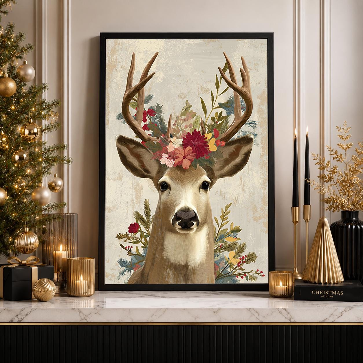 Floral Scandinavian Christmas Reindeer Wall Art by The Wall Art Studio