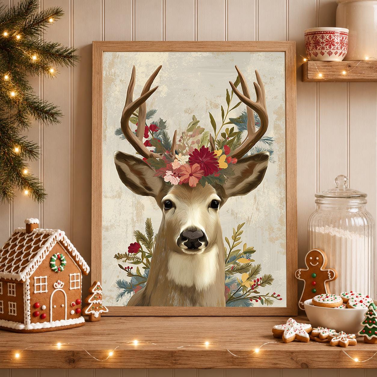Floral Scandinavian Christmas Reindeer Wall Art by The Wall Art Studio