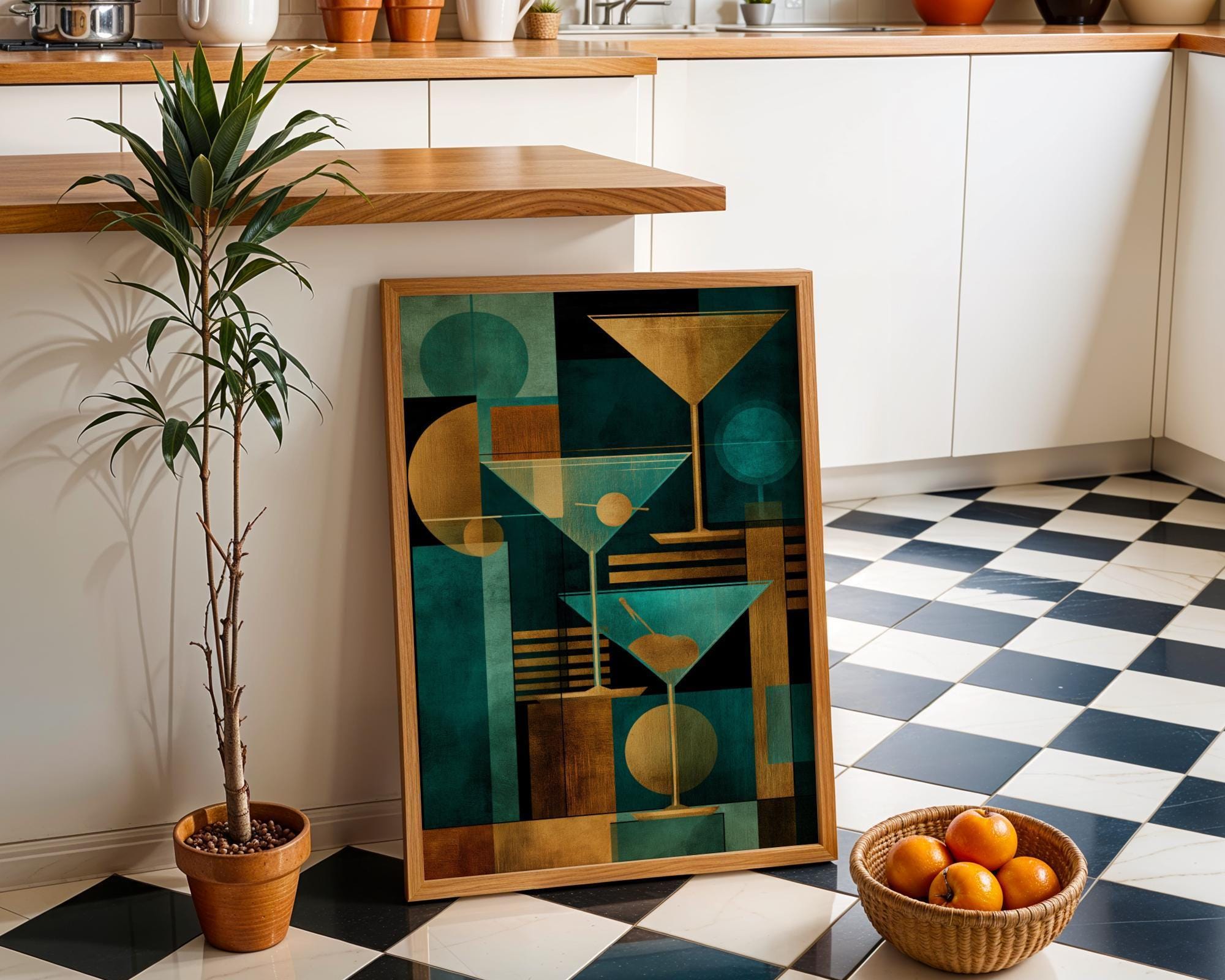 Gold & Teal Art Deco Cocktail Geometric Martini Glass Wall Art by The Wall Art Studio