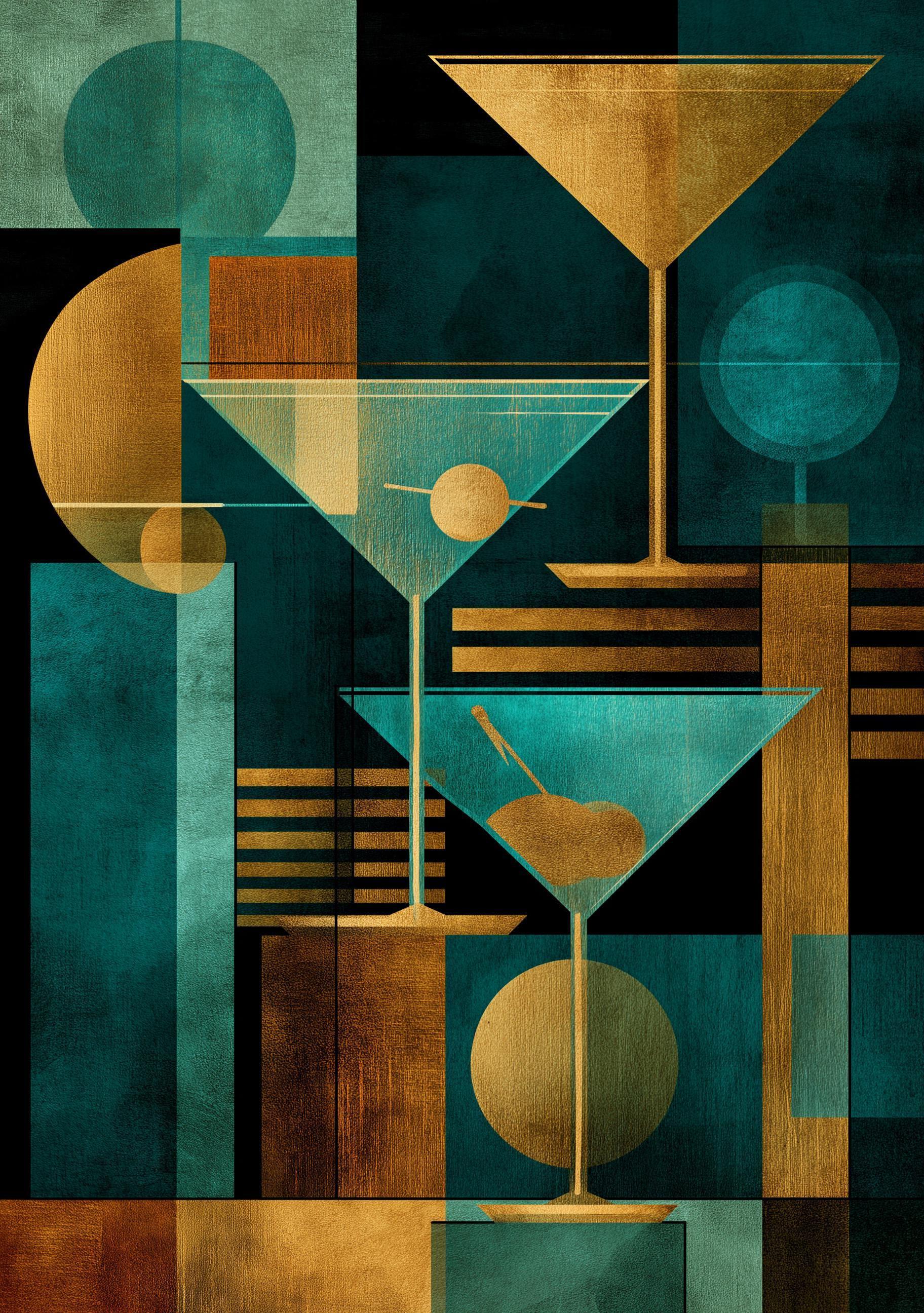 Gold & Teal Art Deco Cocktail Geometric Martini Glass Wall Art by The Wall Art Studio