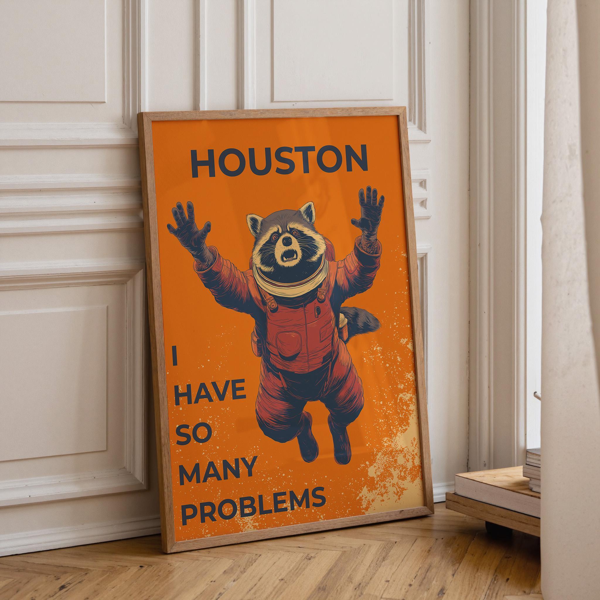 Funny Space Racoon Astronaut “Houston I Have So Many Problems” Retro Sci Fi Wall Art