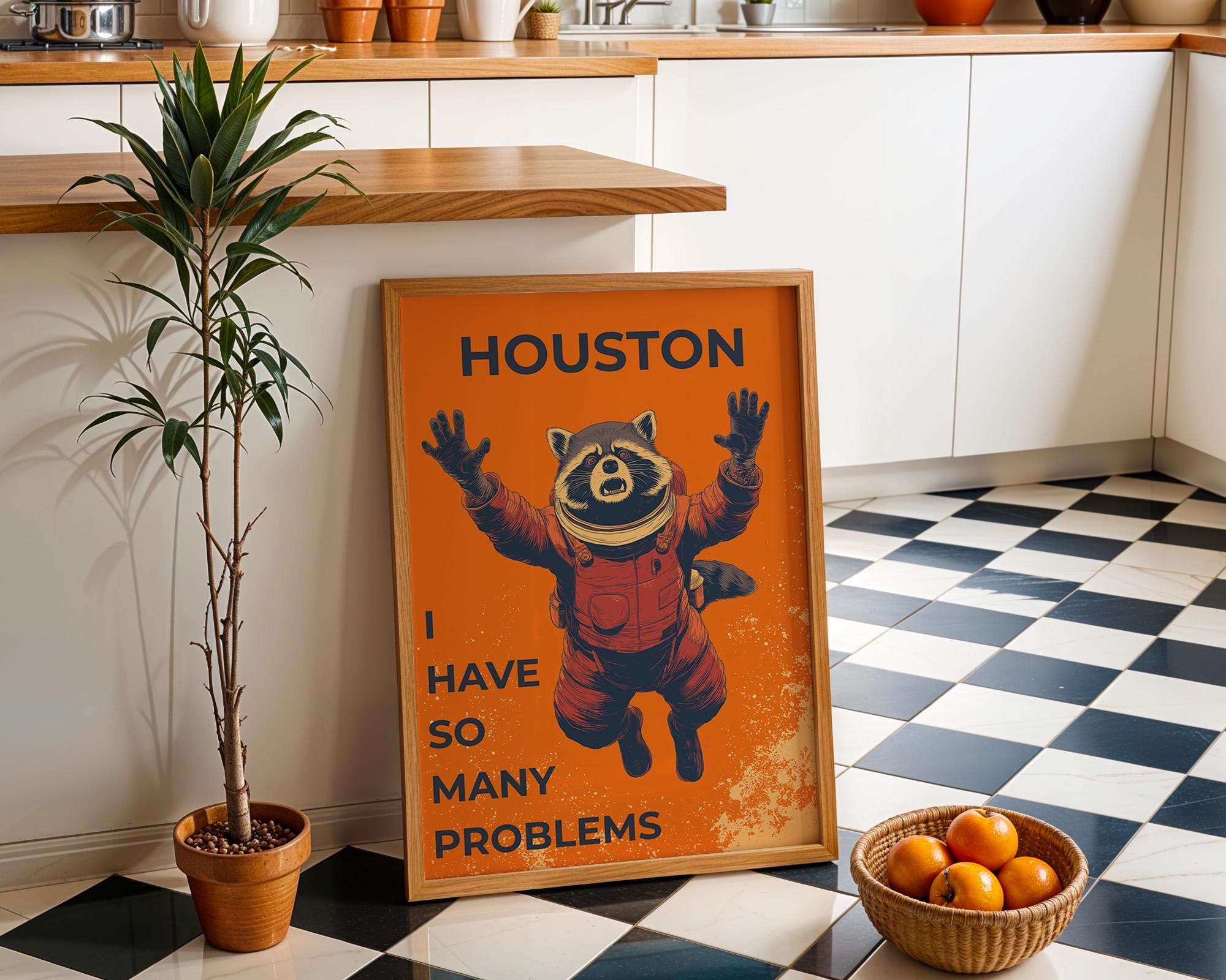 Funny Space Racoon Astronaut “Houston I Have So Many Problems” Retro Sci Fi Wall Art