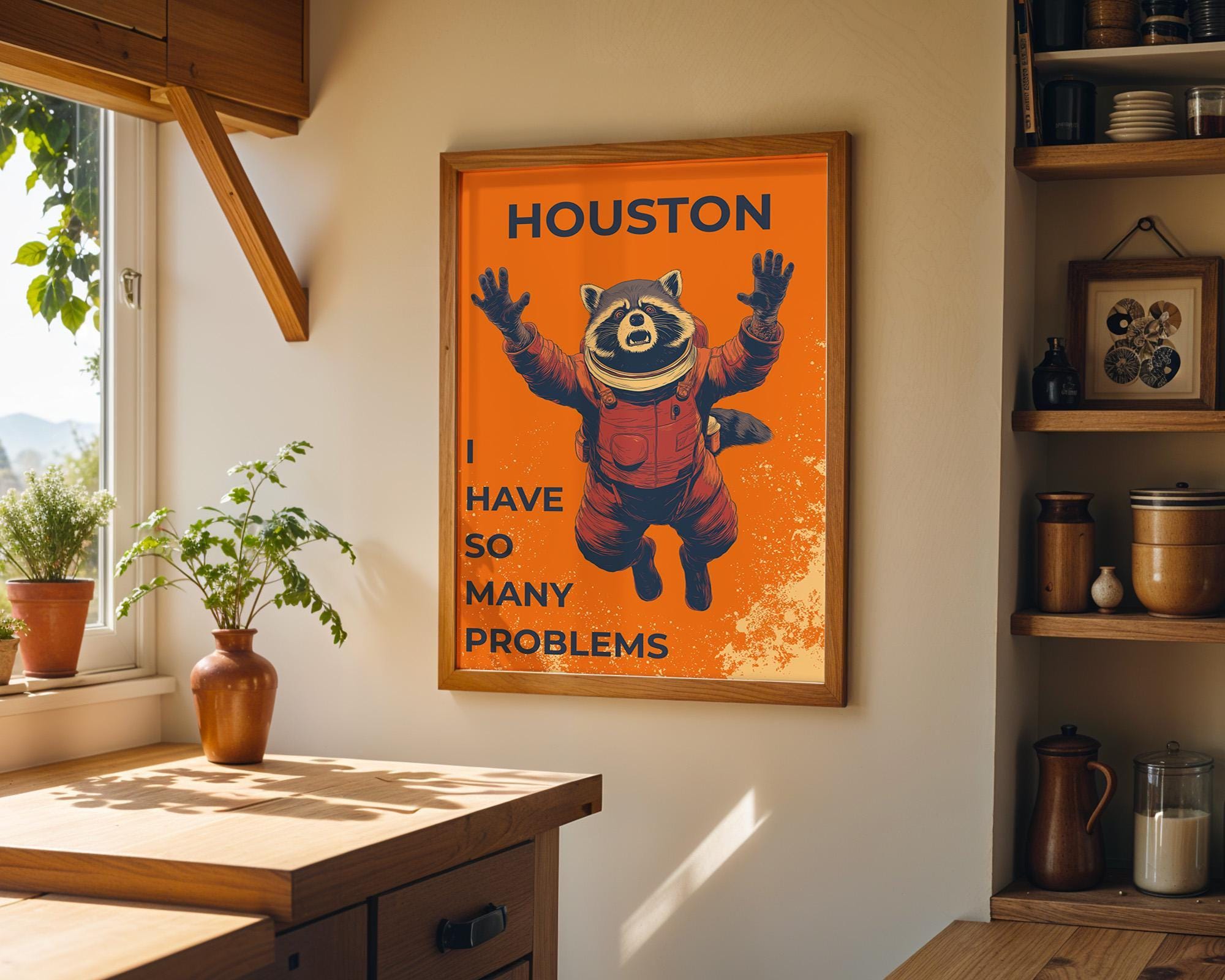Funny Space Racoon Astronaut “Houston I Have So Many Problems” Retro Sci Fi Wall Art