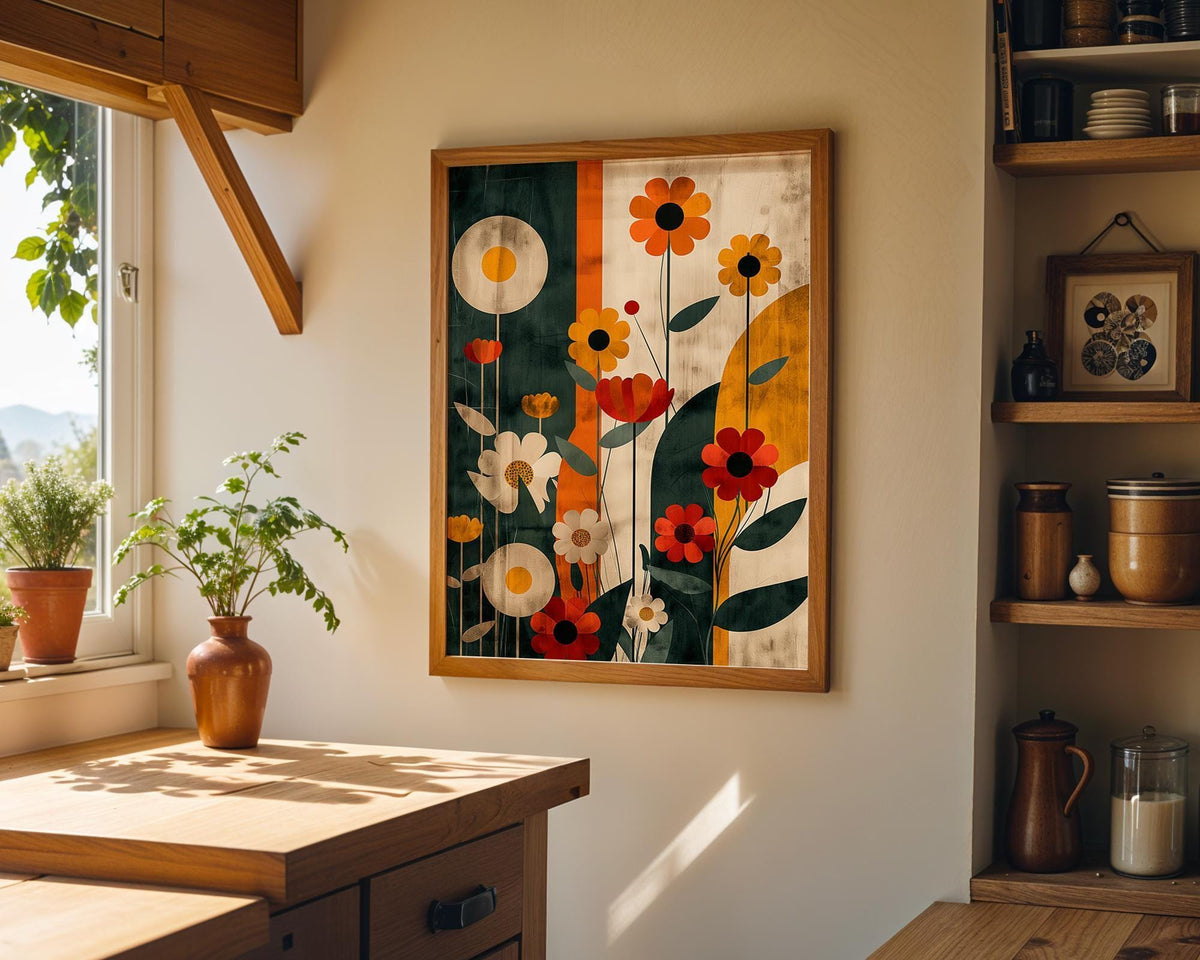 1970s Retro Floral Mid Century Modern Mustard Orange & Teal Vintage Wall Art by The Wall Art Studio