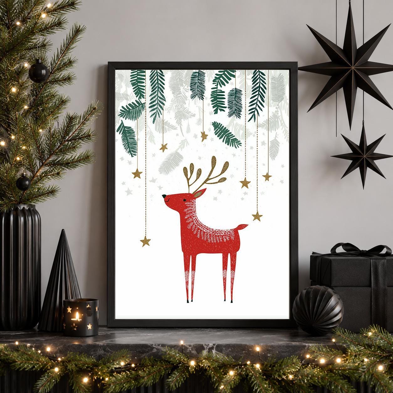 Scandinavian Reindeer Minimalist Nordic Woodland Christmas Wall Art by The Wall Art Studio