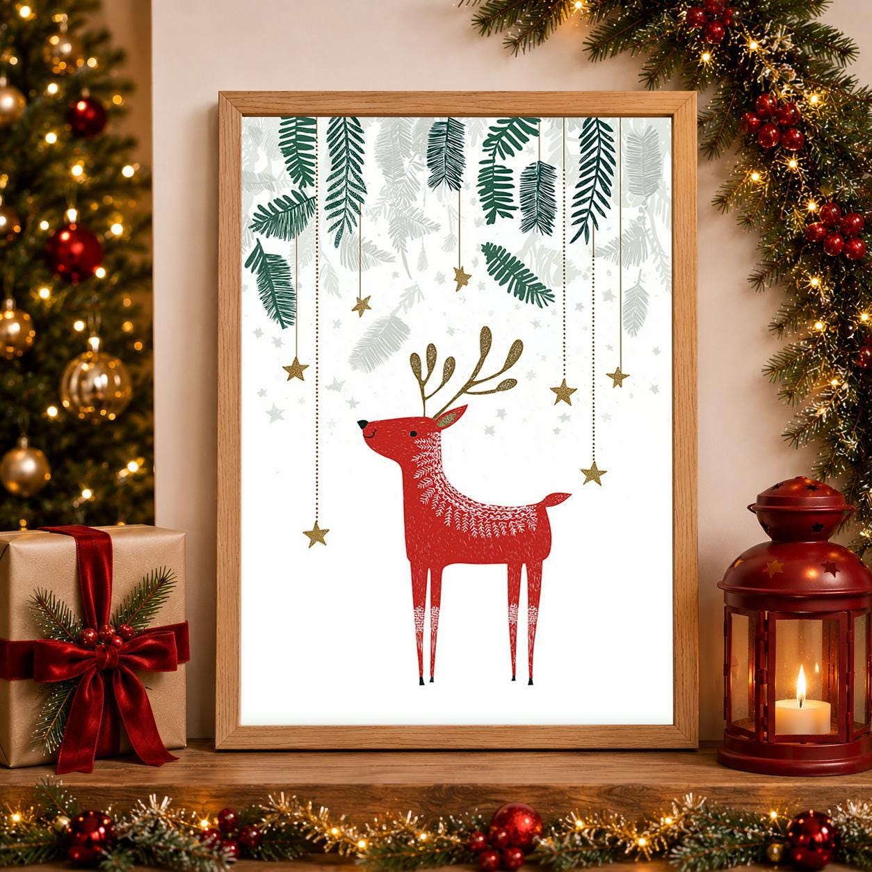 Scandinavian Reindeer Minimalist Nordic Woodland Christmas Wall Art by The Wall Art Studio
