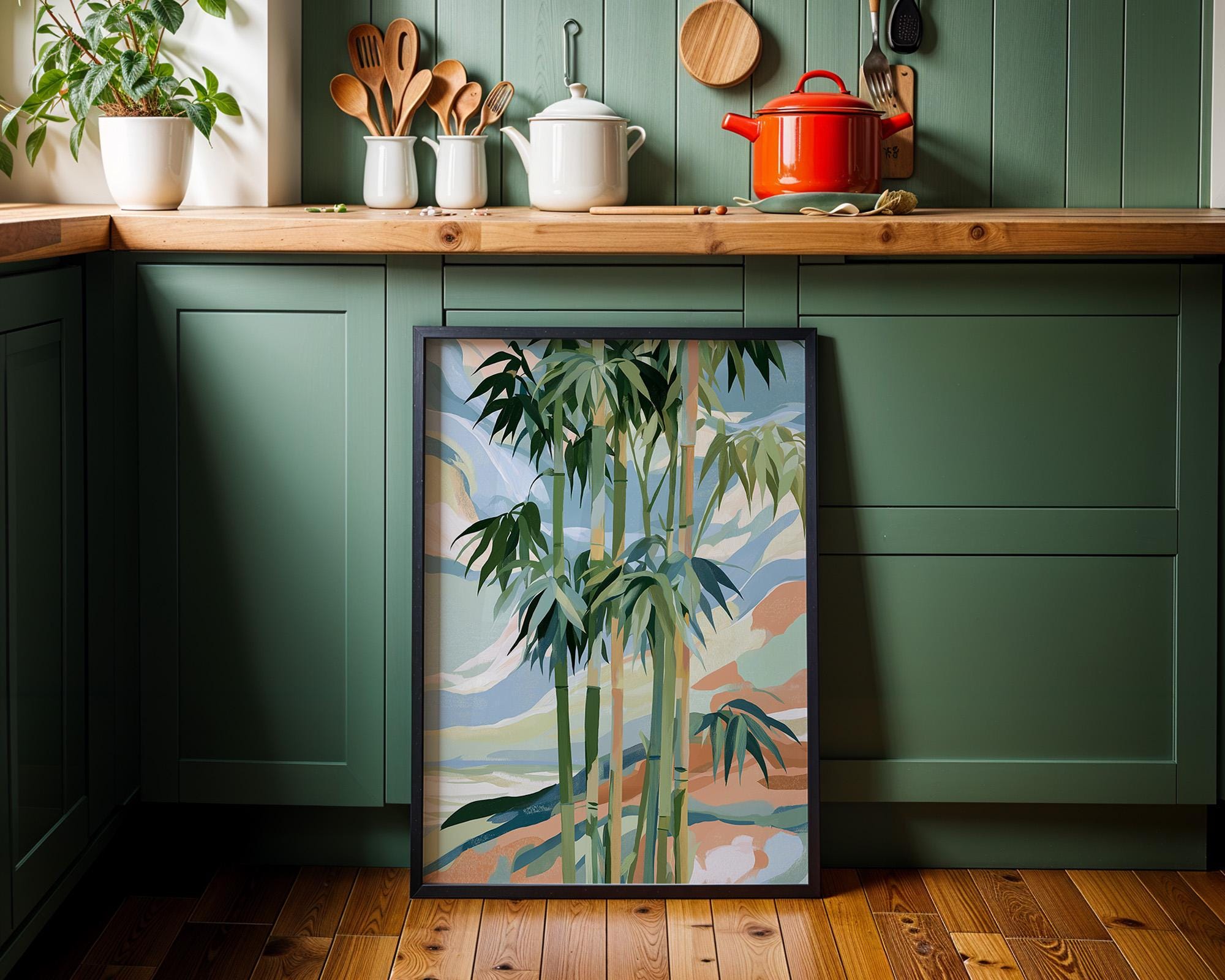 Abstract Bamboo Wall Art, Modern Botanical Japandi Poster, Zen Green Plant Decor (Framed Option)