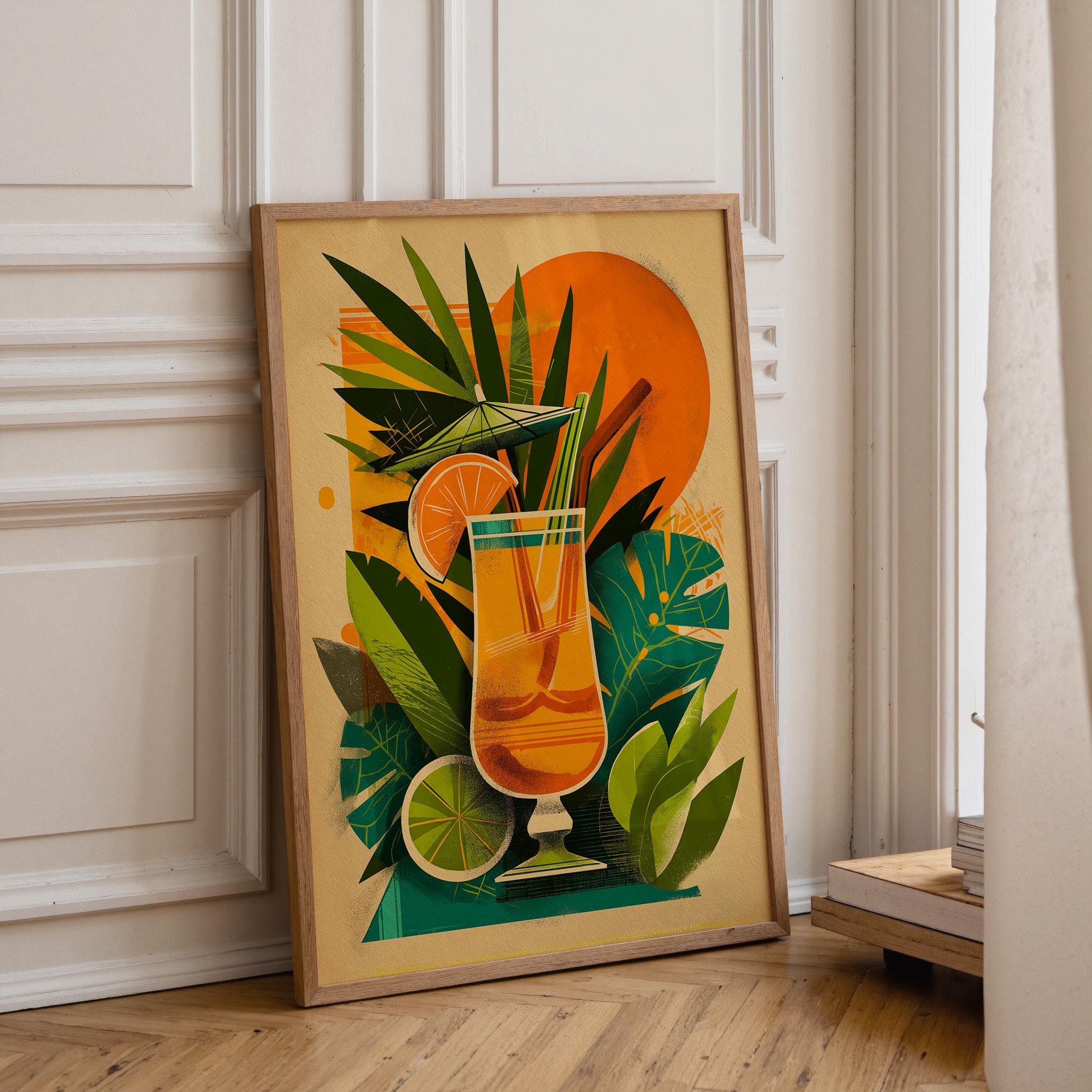 Tropical Tiki Bar Cocktail Retro Citrus Drink with Palm Leaves & Orange Sun Wall Art