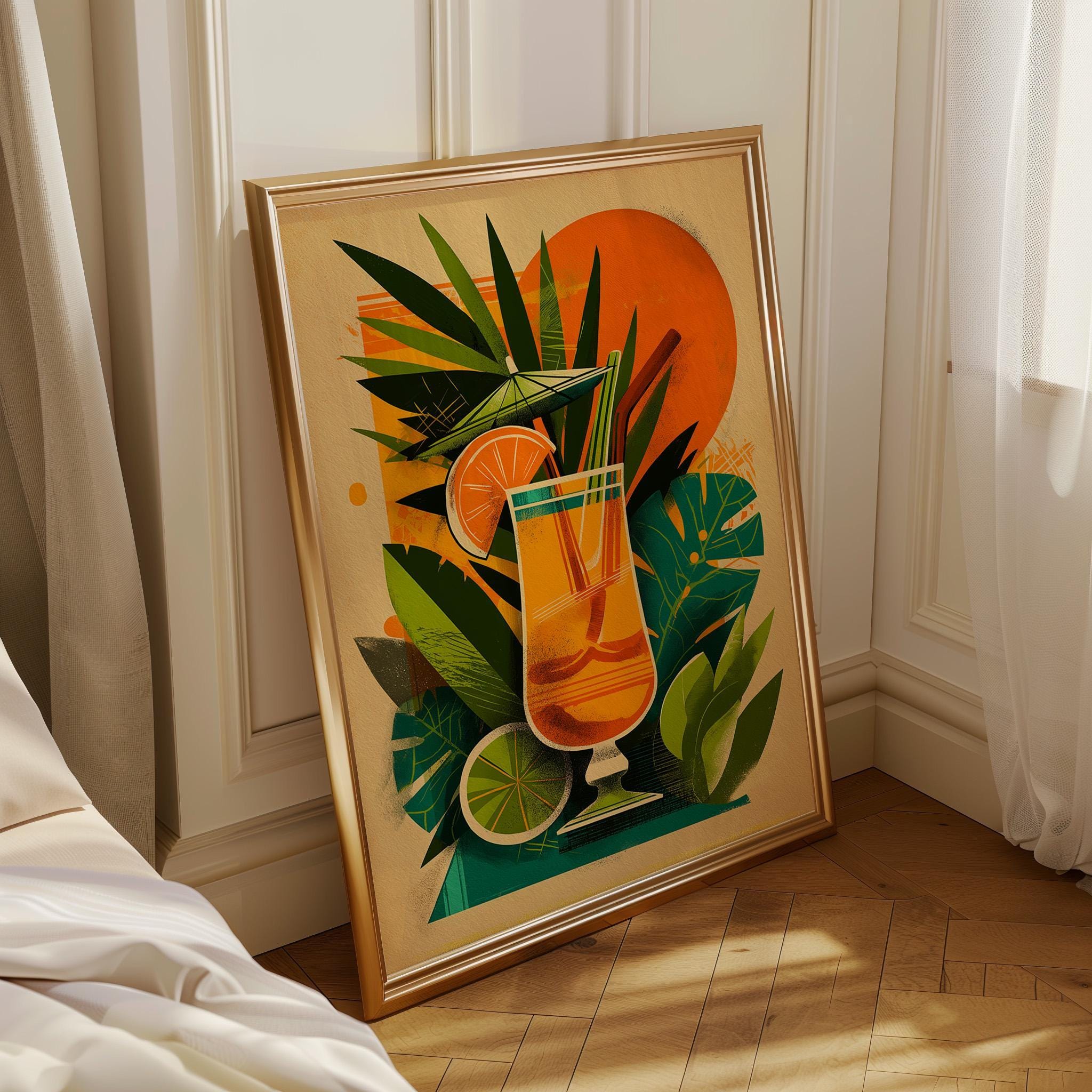 Tropical Tiki Bar Cocktail Retro Citrus Drink with Palm Leaves & Orange Sun Wall Art