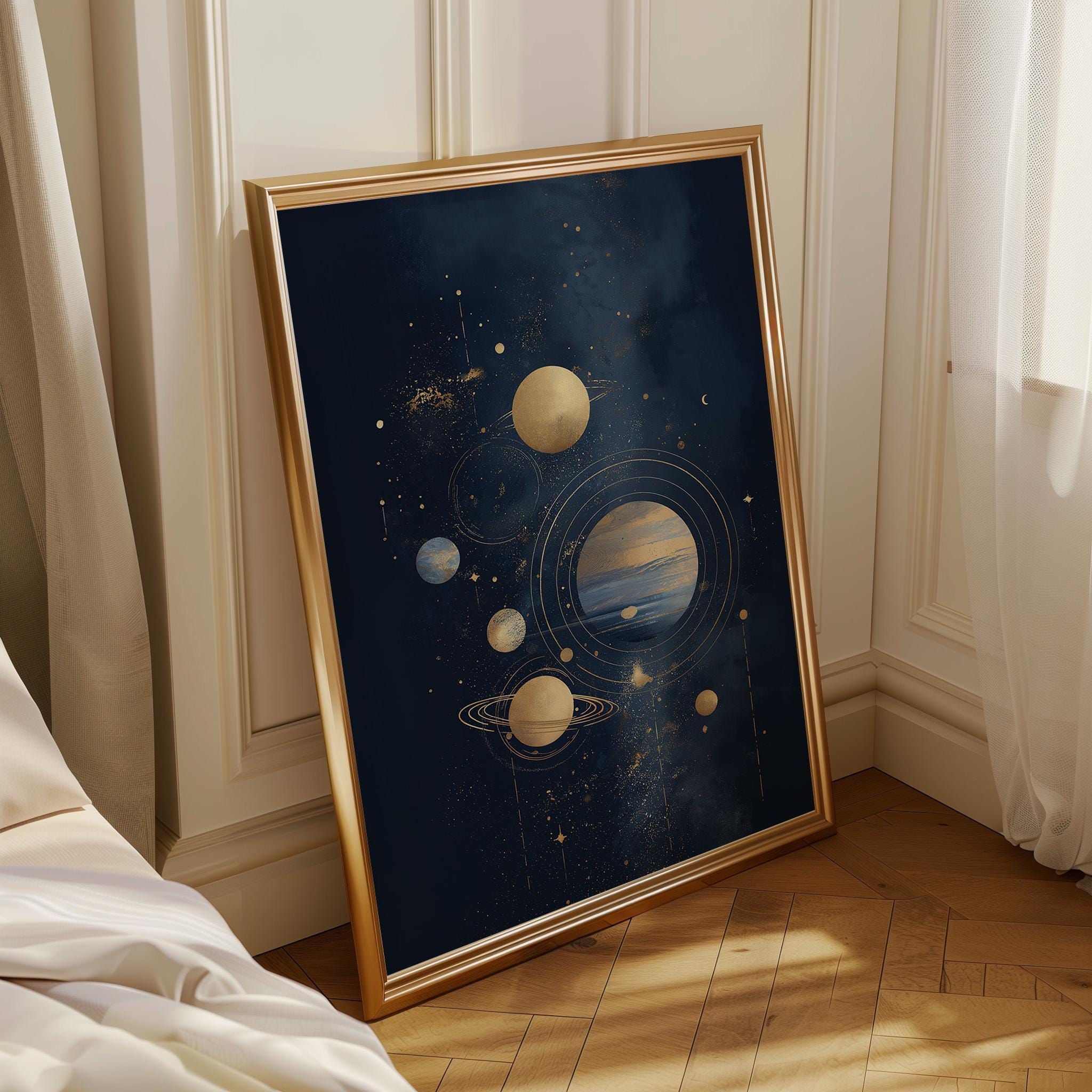 Minimalist Celestial Gold Solar System Wall Art by The Wall Art Studio
