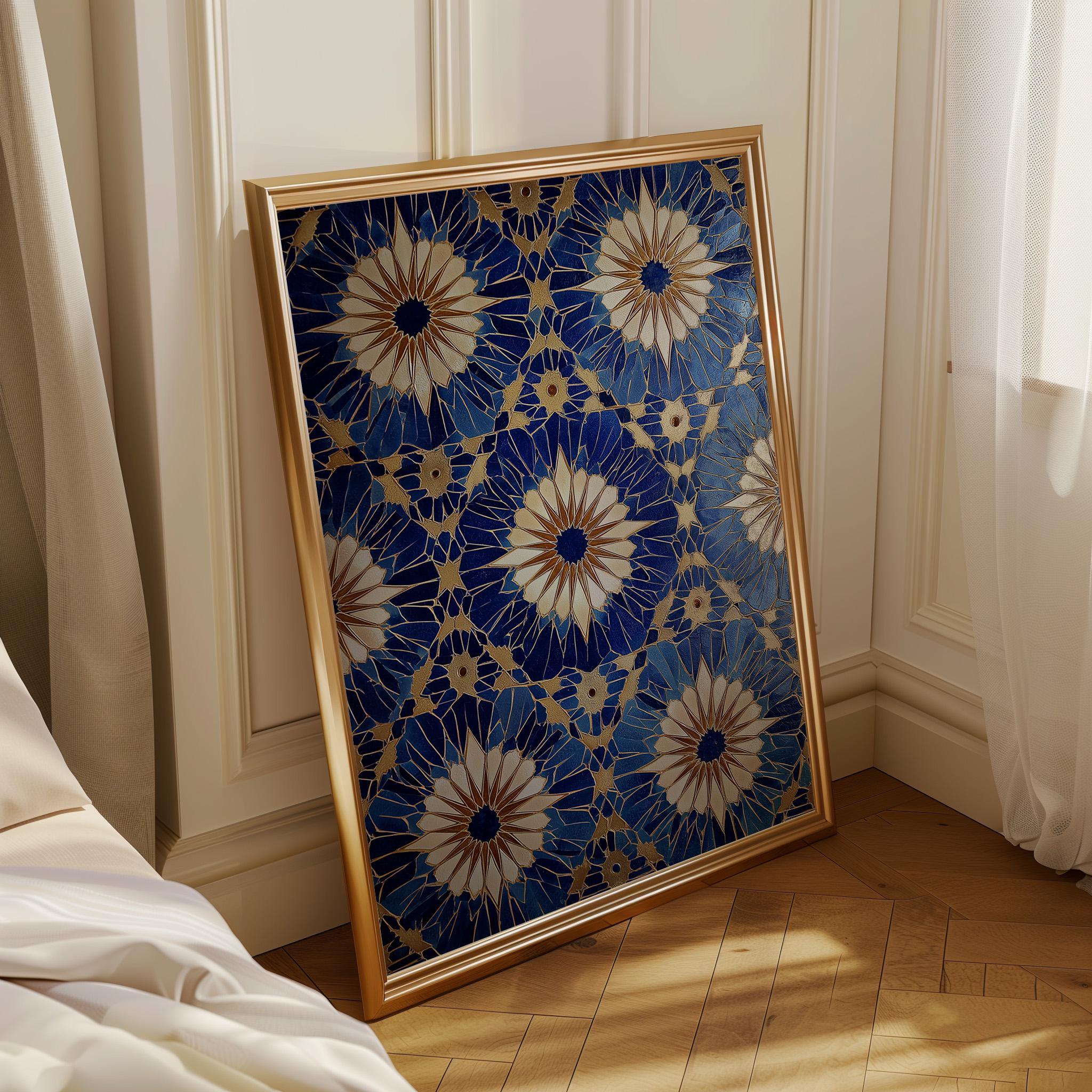Blue Moroccan Tile Wall Art Print, Geometric Pattern Poster, Mediterranean Decor, Boho Coastal Blue Artwork (Framed Option)