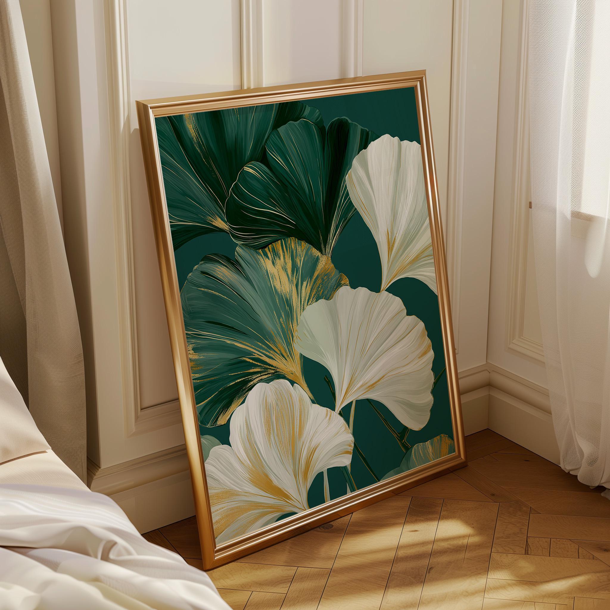 Green & Gold Art Deco Ginkgo Leaf Print Botanical Wall Art by The Wall Art Studio