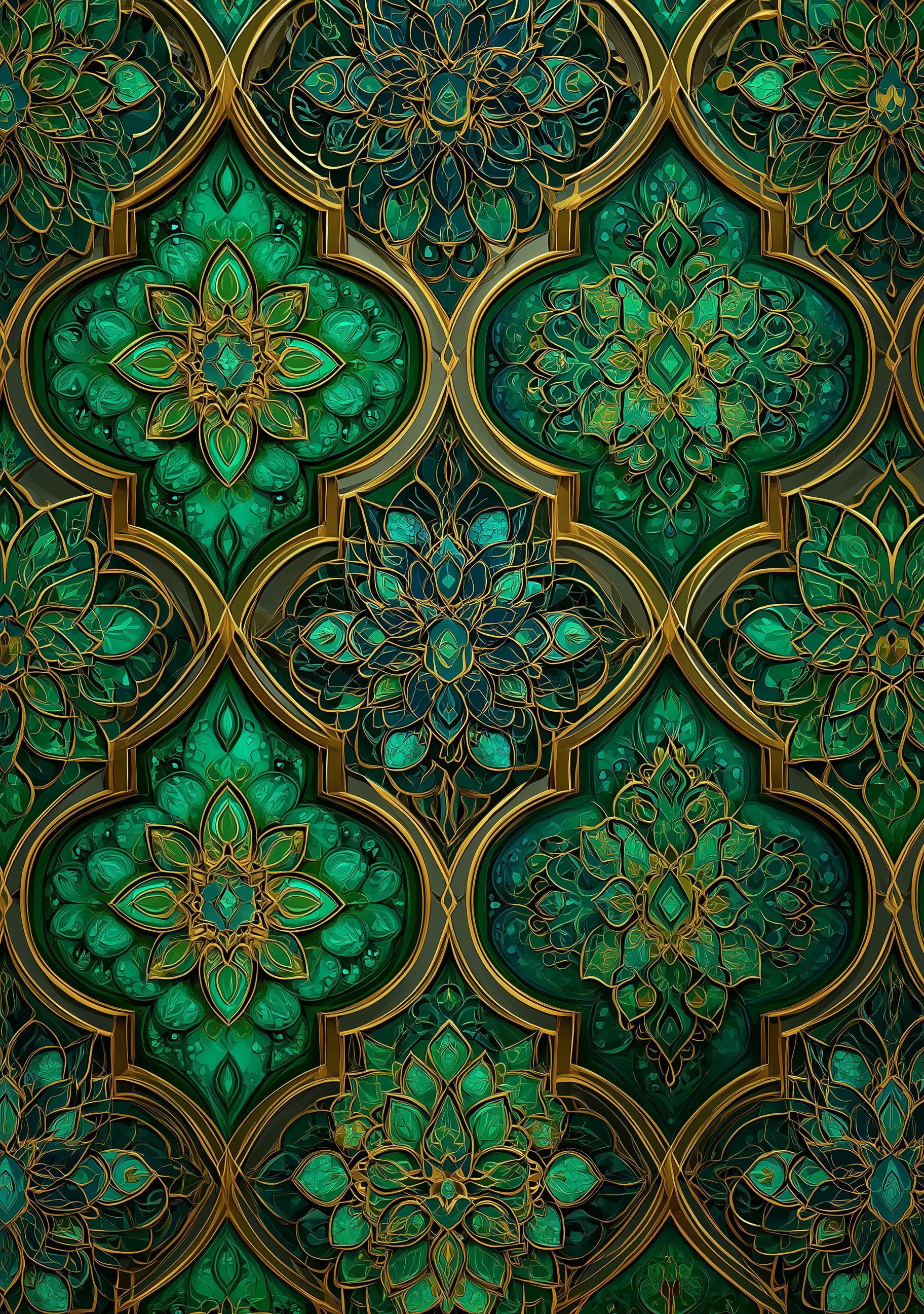 Green & Gold Moroccan Tile Geometric Pattern Wall Art by The Wall Art Studio