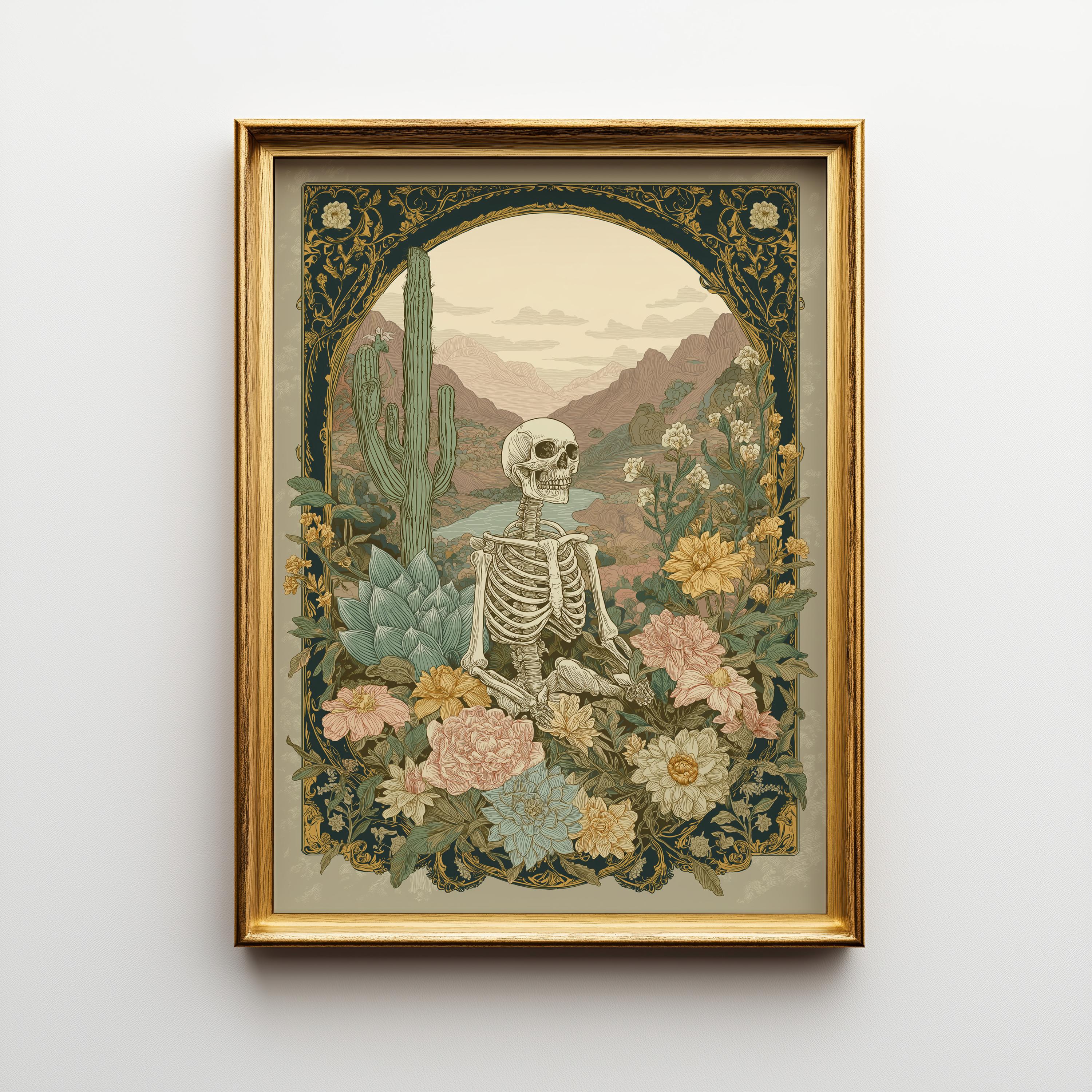 Floral Skeleton Western Gothic Desert Botanical Wall Art by The Wall Art Studio - physical