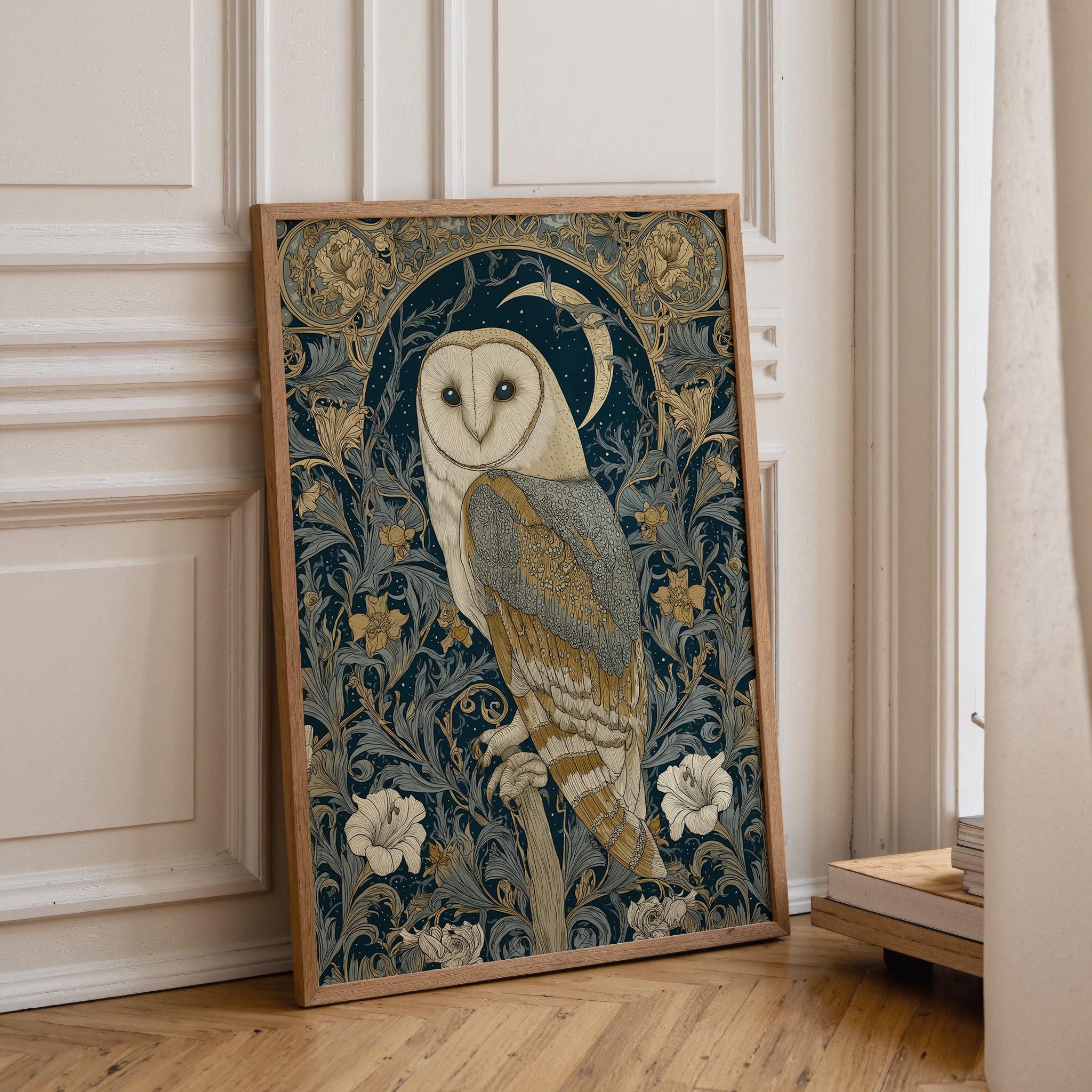 Art Nouveau Barn Owl Dark Academia Celestial Night Sky William Morris Inspired Wall Art by The Wall Art Studio