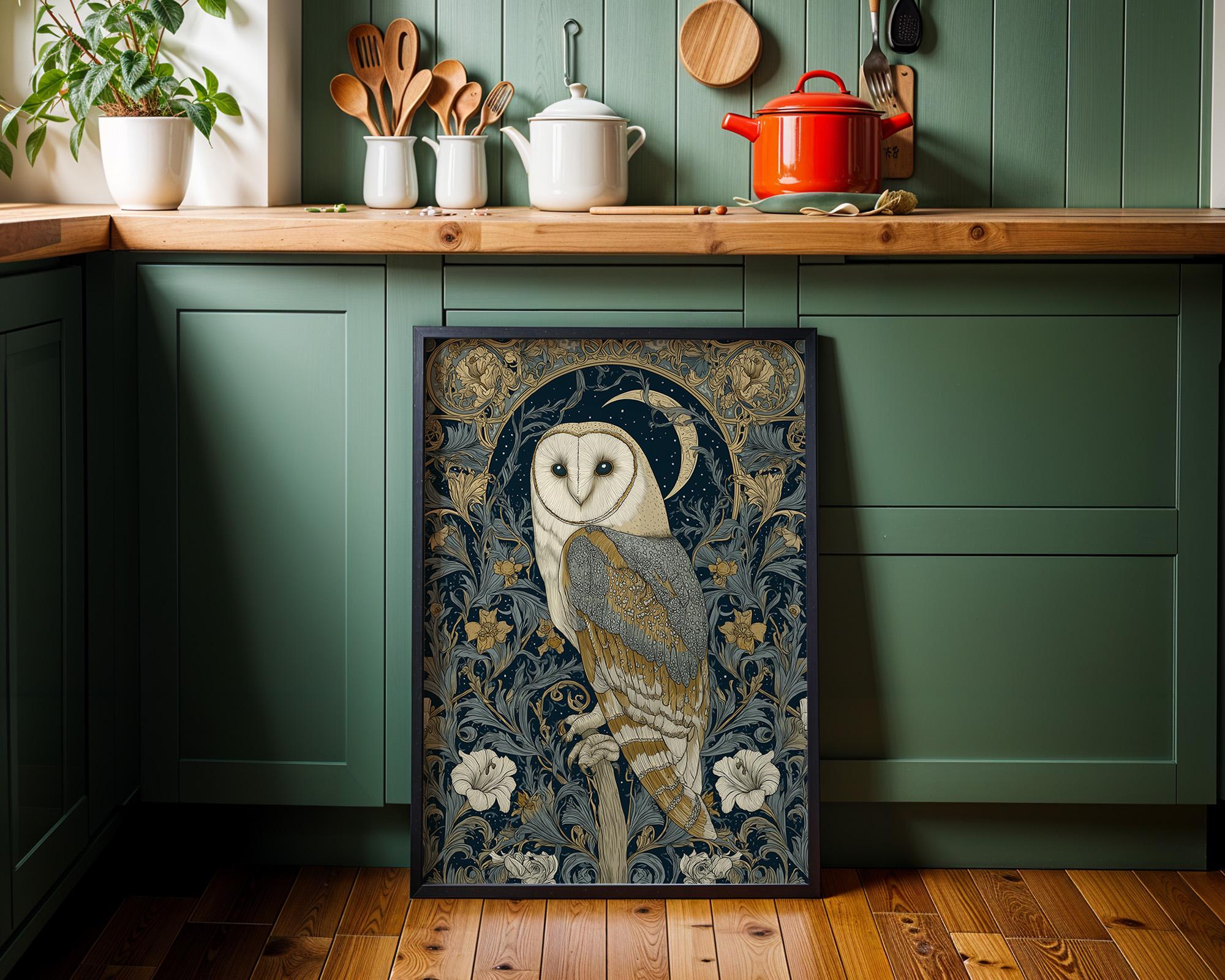 Art Nouveau Barn Owl Dark Academia Celestial Night Sky William Morris Inspired Wall Art by The Wall Art Studio