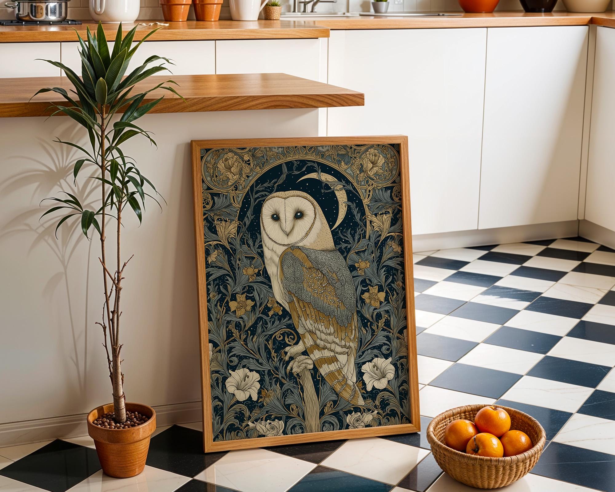 Art Nouveau Barn Owl Dark Academia Celestial Night Sky William Morris Inspired Wall Art by The Wall Art Studio