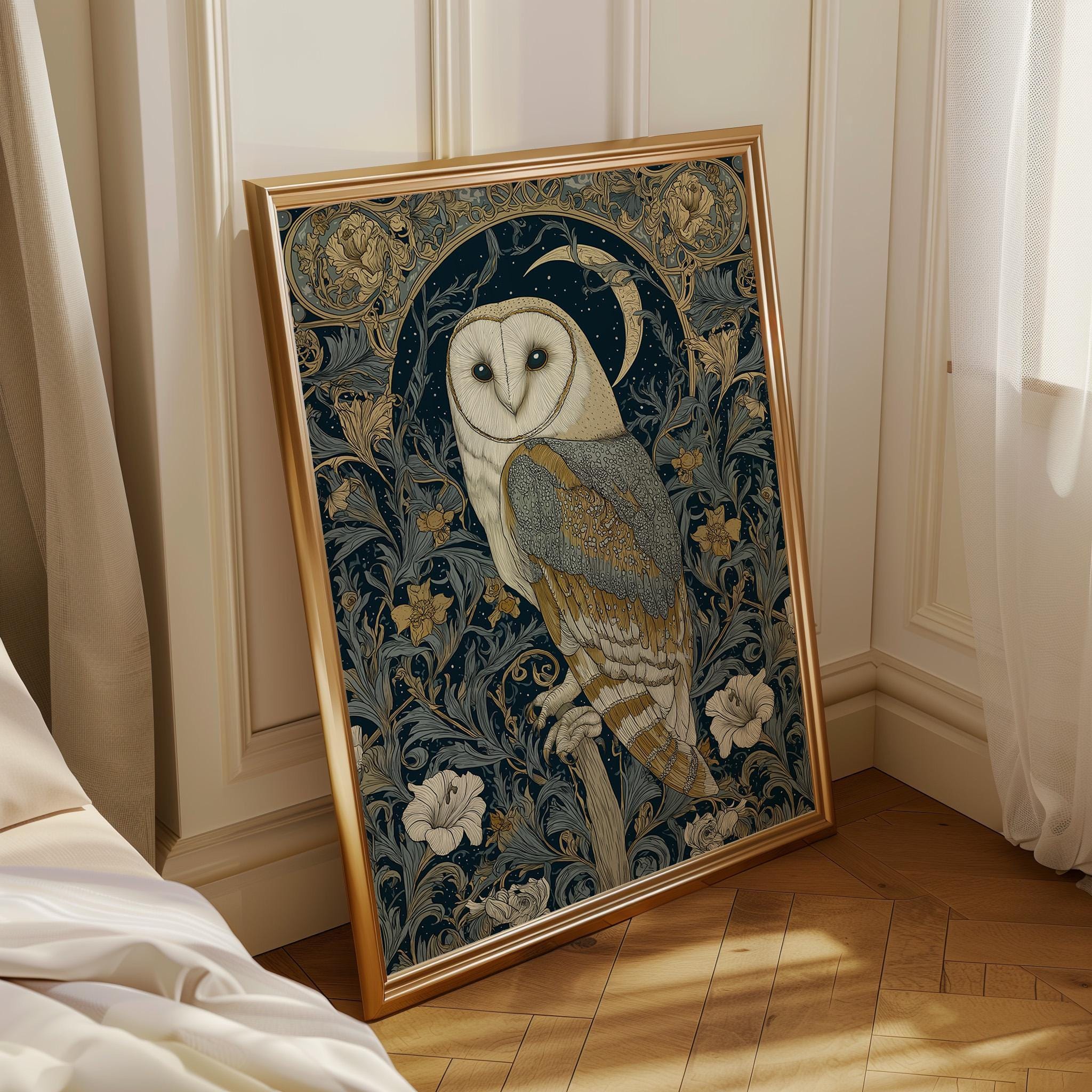 Art Nouveau Barn Owl Dark Academia Celestial Night Sky William Morris Inspired Wall Art by The Wall Art Studio