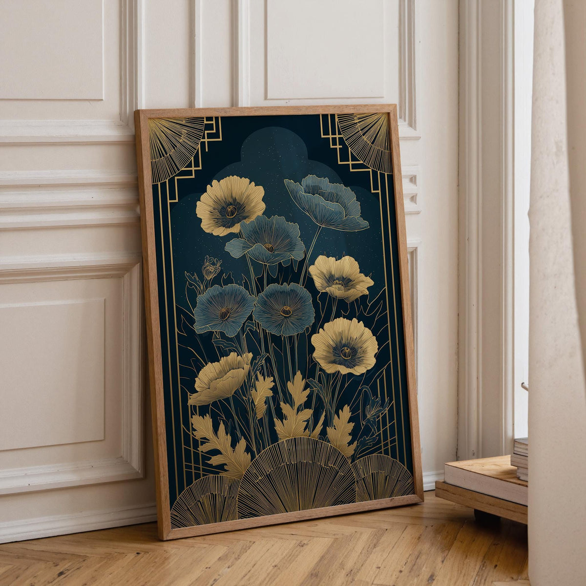 Elegant Navy Blue and Gold Art Deco Floral Wall Art by The Wall Art Studio