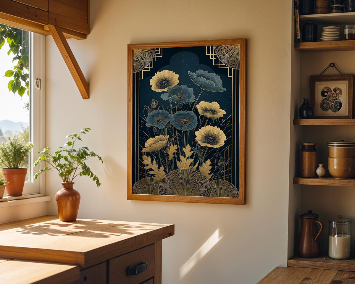 Elegant Navy Blue and Gold Art Deco Floral Wall Art by The Wall Art Studio