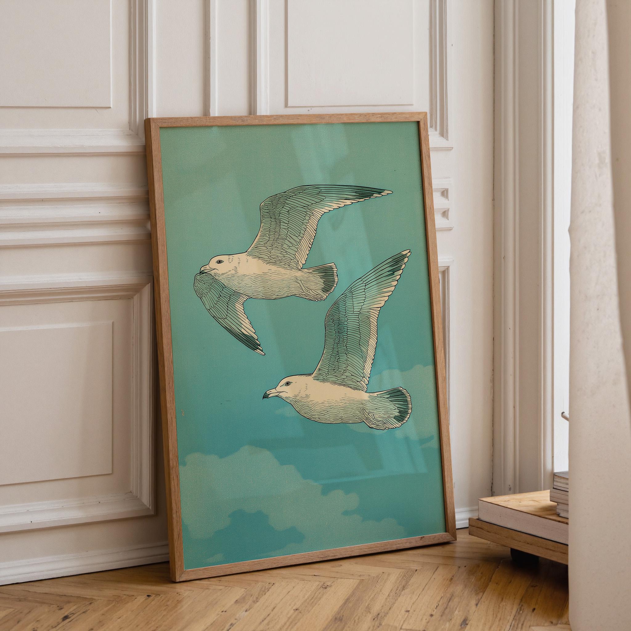 Japanese Style Seagull Ukiyo-e Teal Ocean Wall Art by The Wall Art Studio