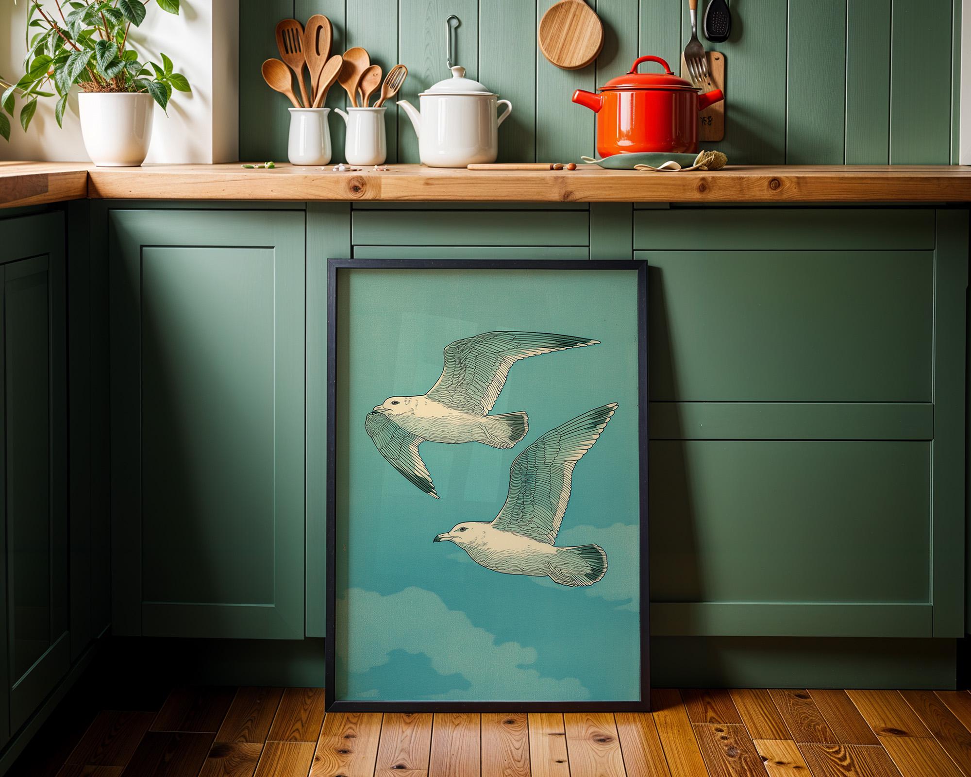 Japanese Style Seagull Ukiyo-e Teal Ocean Wall Art by The Wall Art Studio