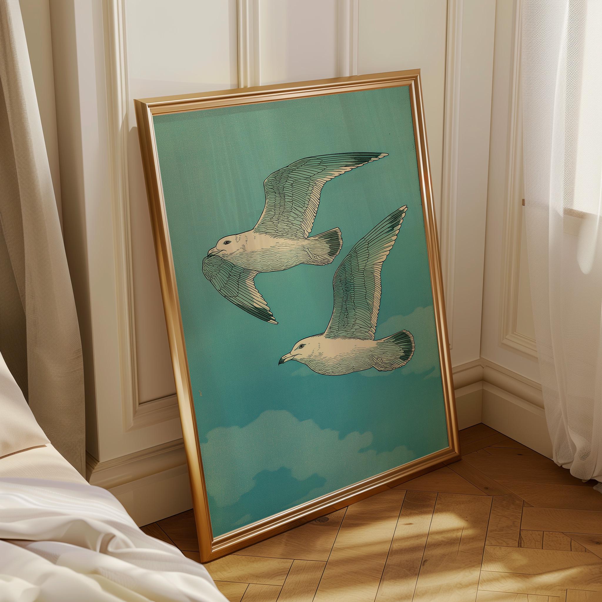 Japanese Style Seagull Ukiyo-e Teal Ocean Wall Art by The Wall Art Studio