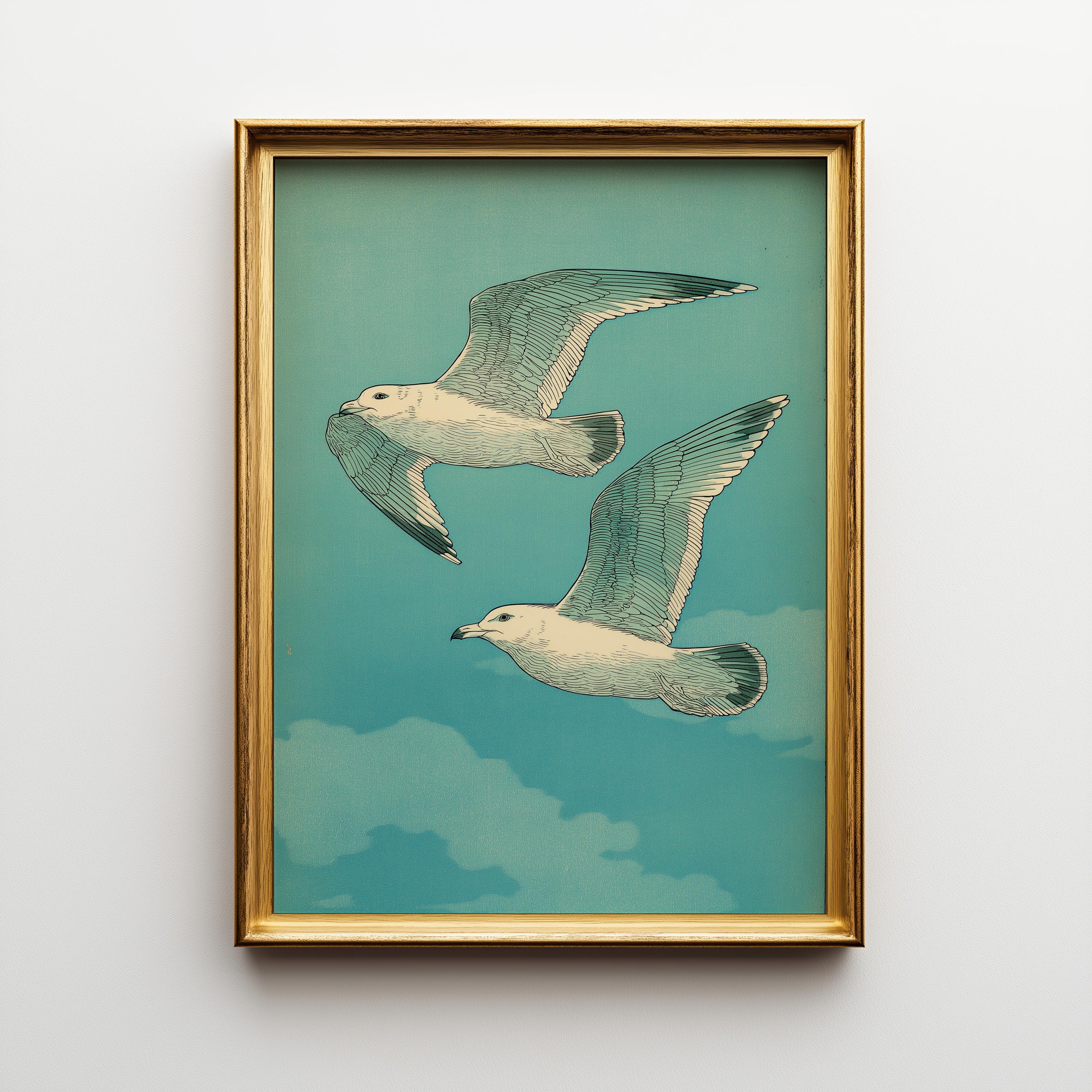 Japanese Style Seagull Ukiyo-e Teal Ocean Wall Art by The Wall Art Studio