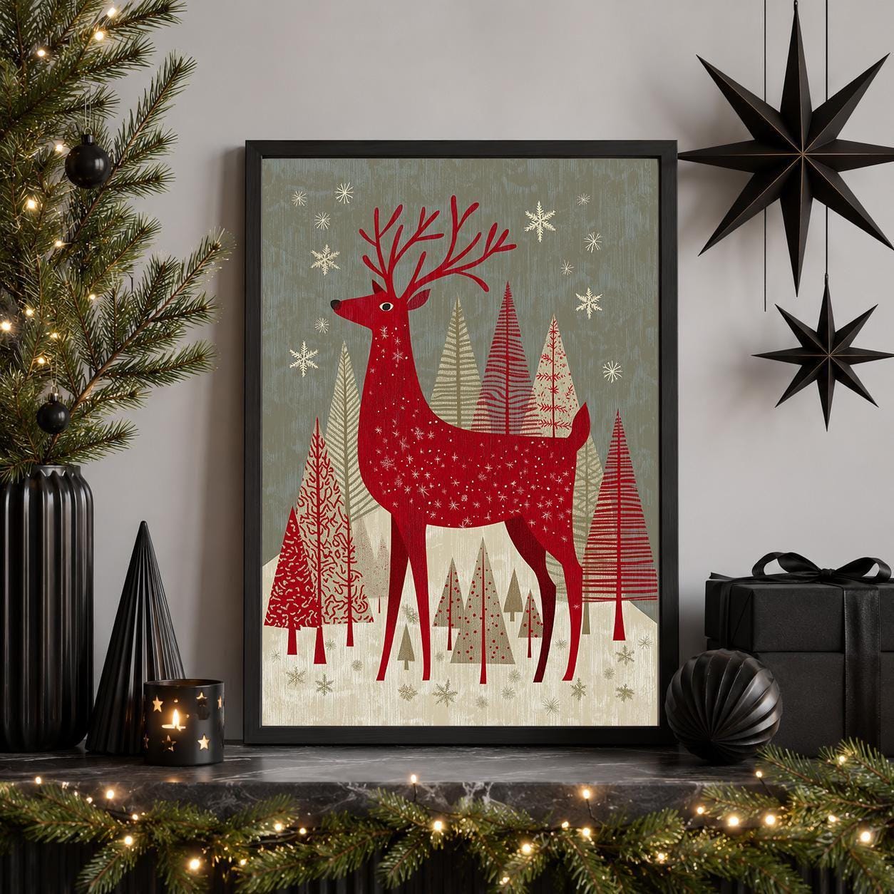 Scandinavian Christmas Nordic Reindeer Family Wall Art by The Wall Art Studio
