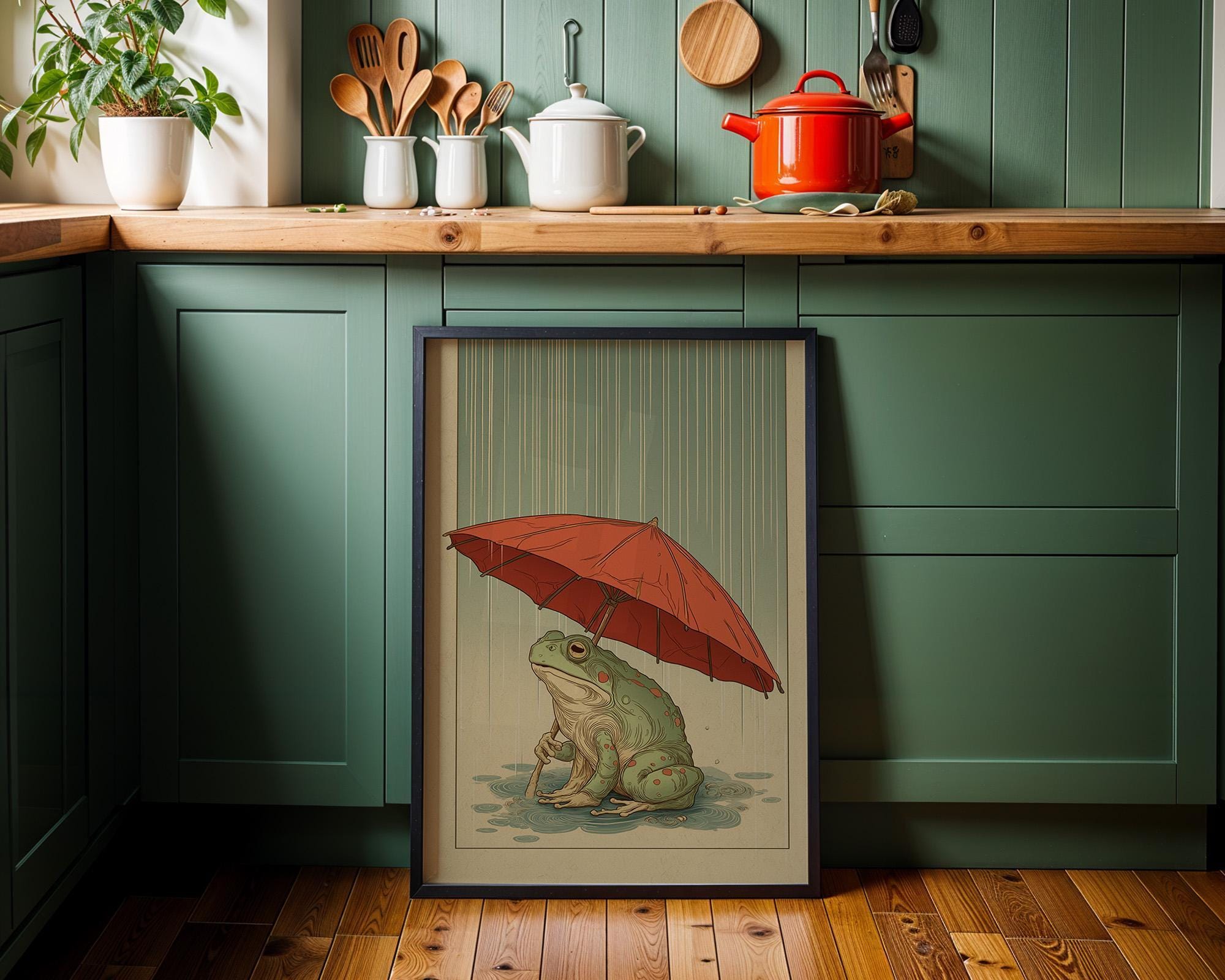 Frog With Umbrella Japanese Style Wall Art by The Wall Art Studio