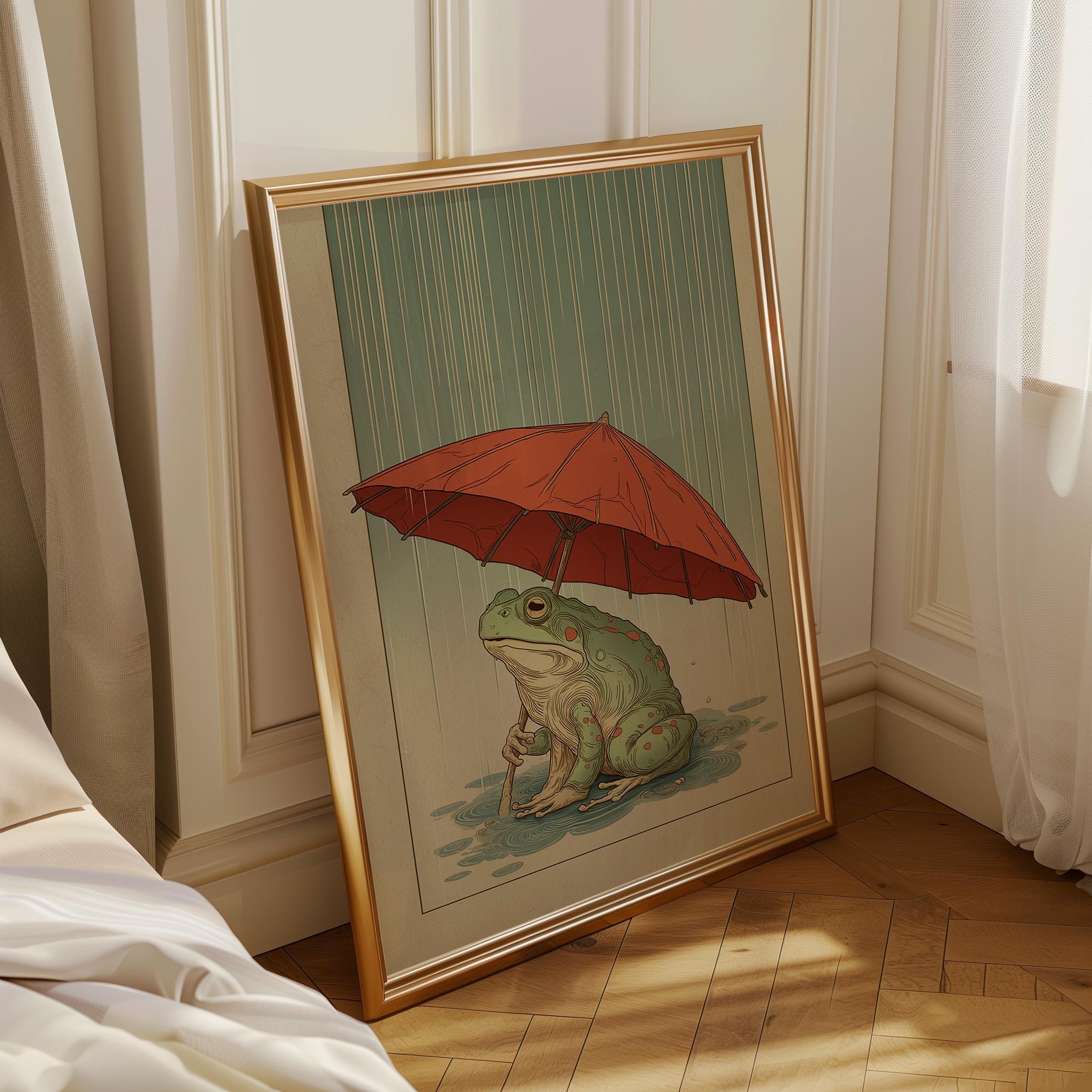 Frog With Umbrella Japanese Style Wall Art by The Wall Art Studio
