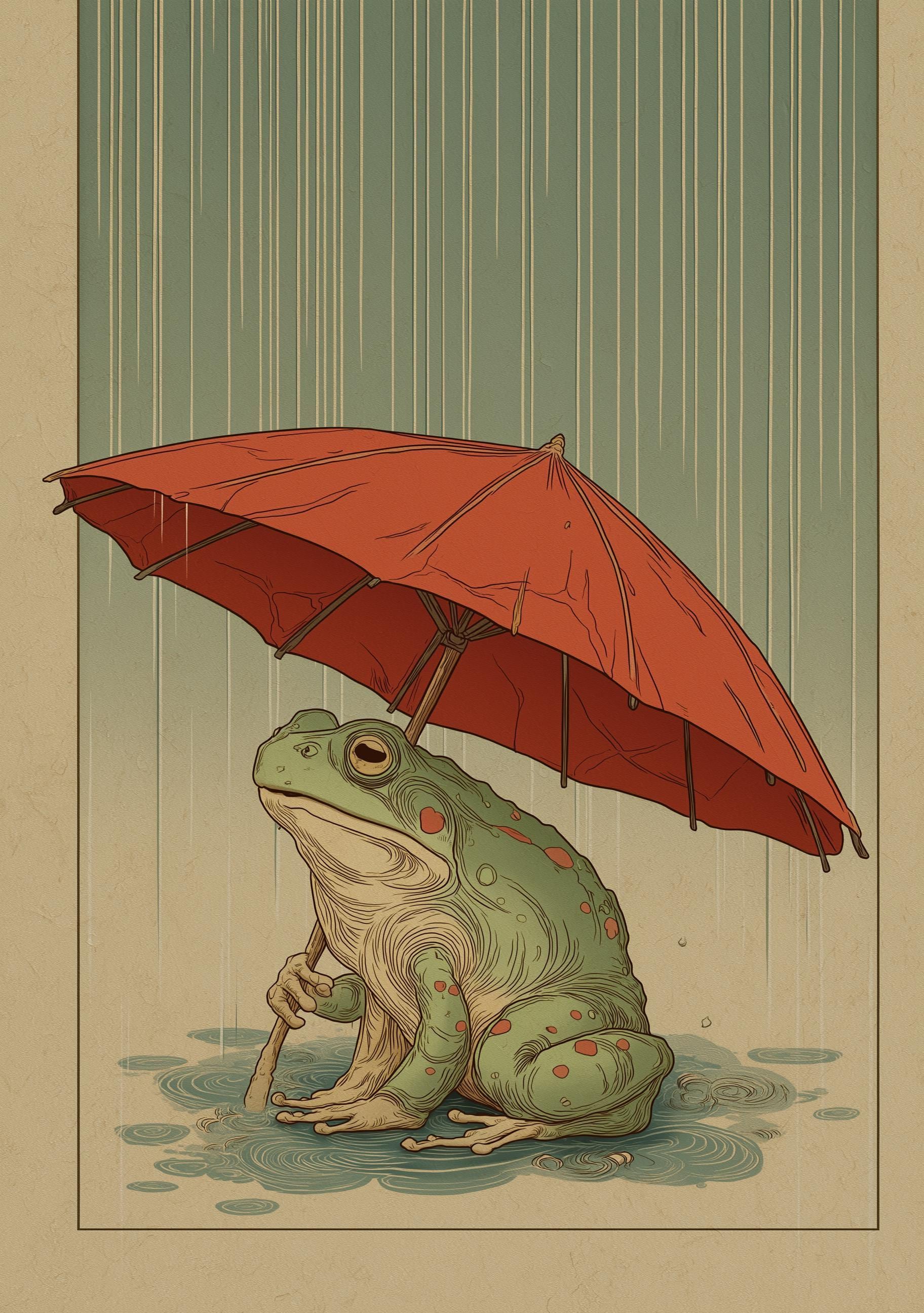 Frog With Umbrella Japanese Style Wall Art by The Wall Art Studio