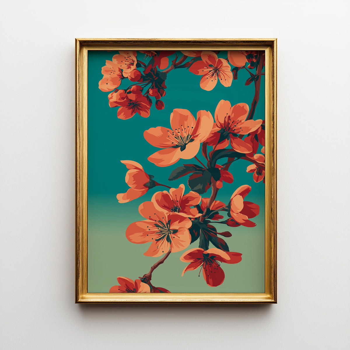 Cherry Blossom Bold Floral Teal & Orange Japandi Wall Art
