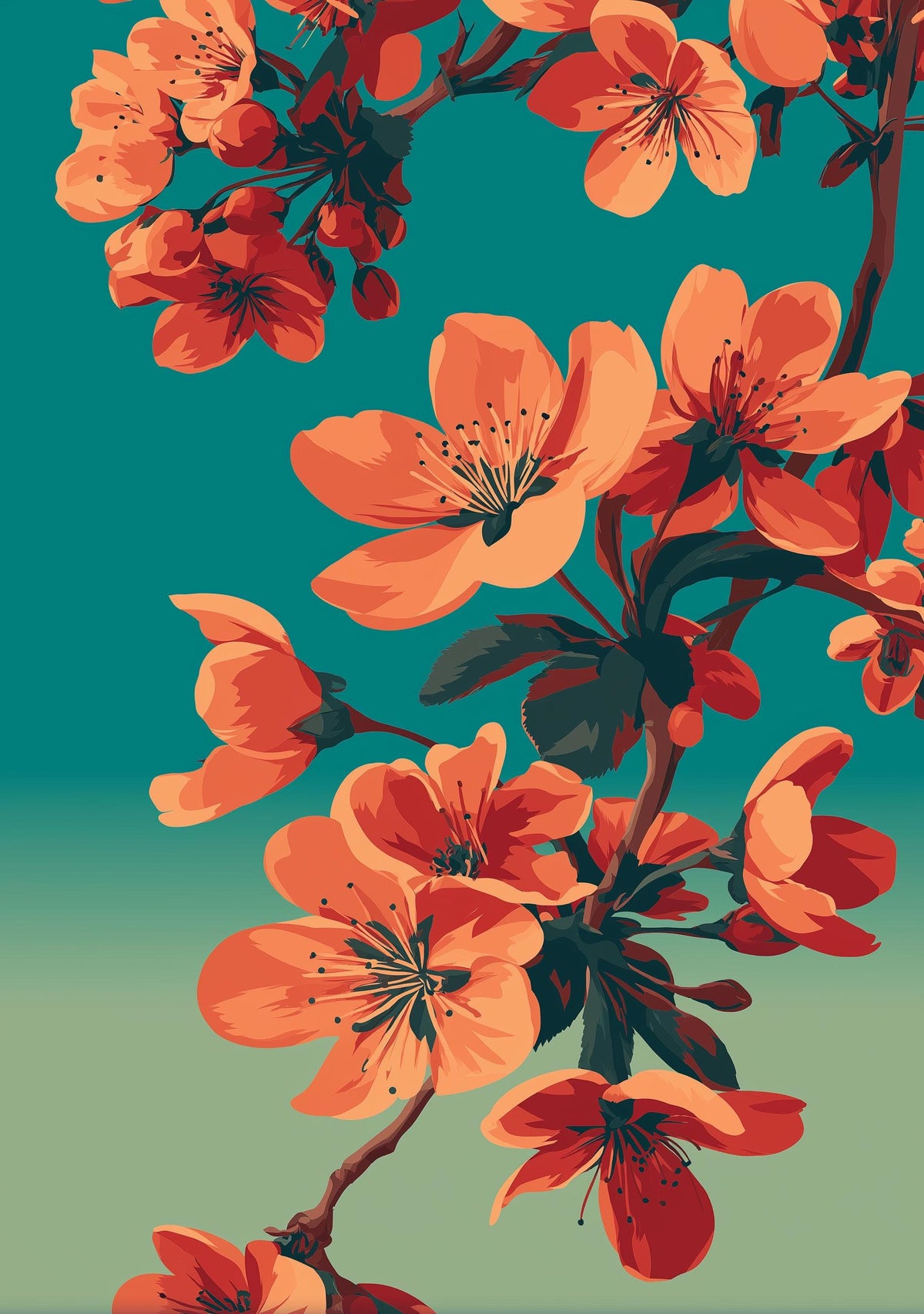 Cherry Blossom Bold Floral Teal & Orange Japandi Wall Art